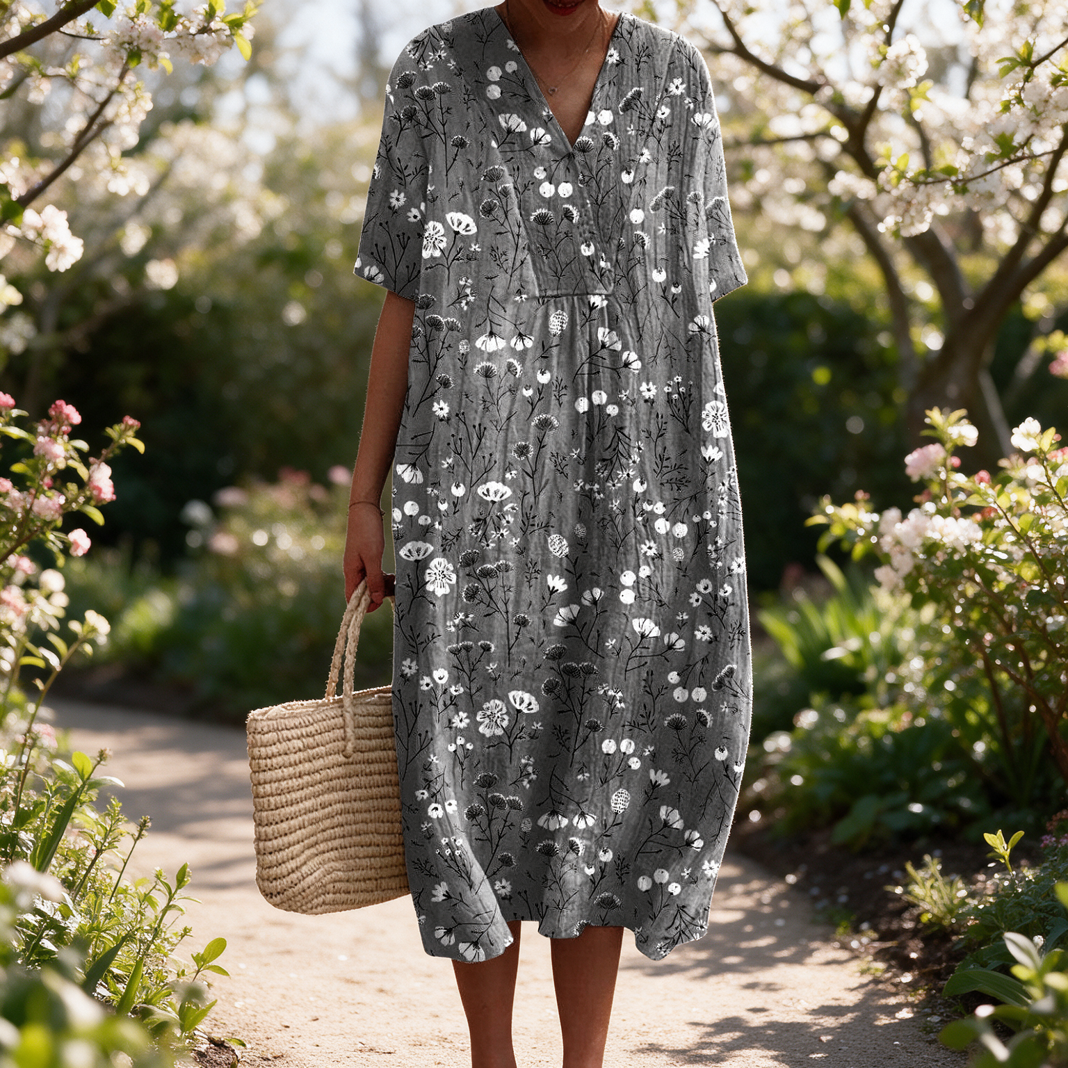 Delta spring dress in a sunlit garden