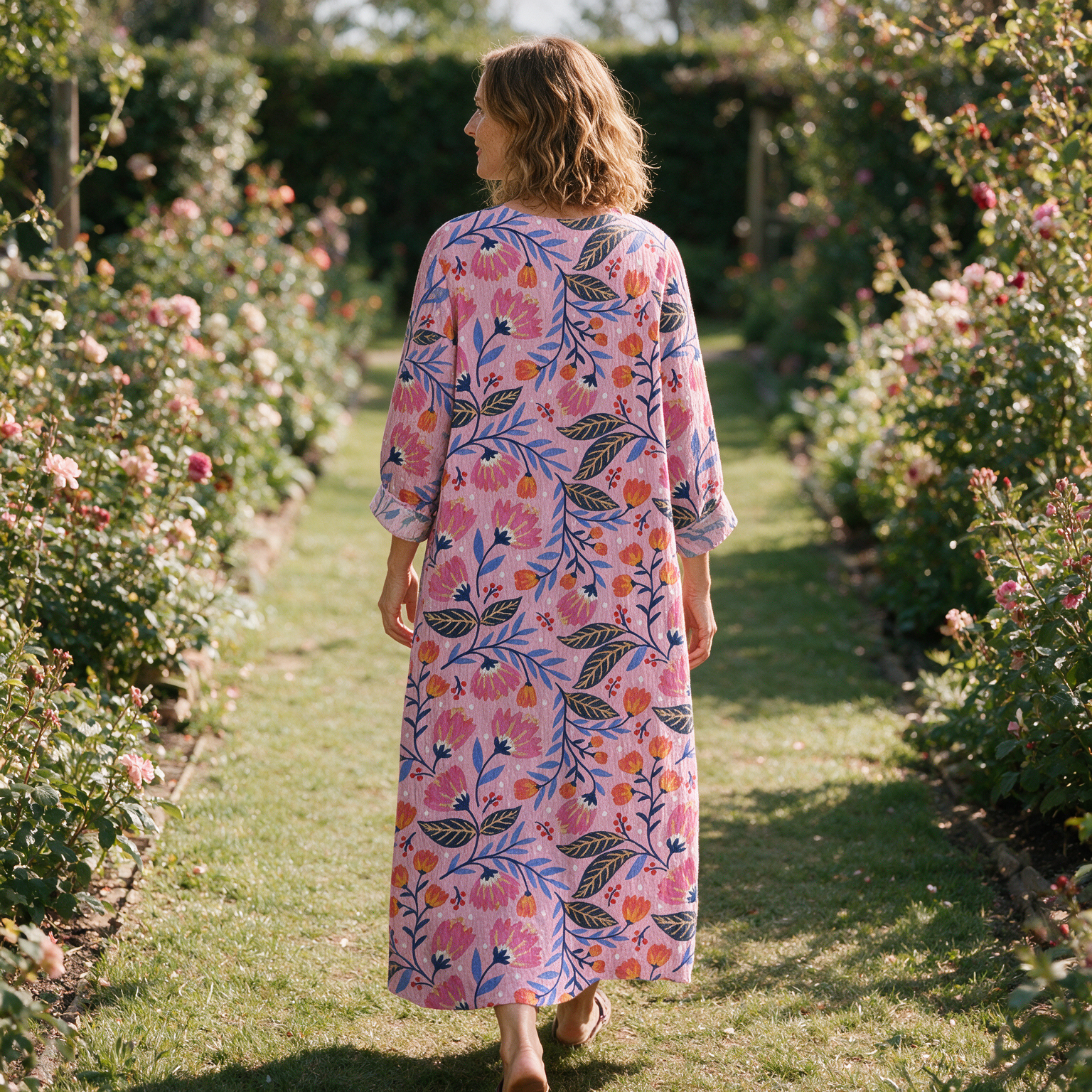 Clothilde spring dress back view on a garden path
