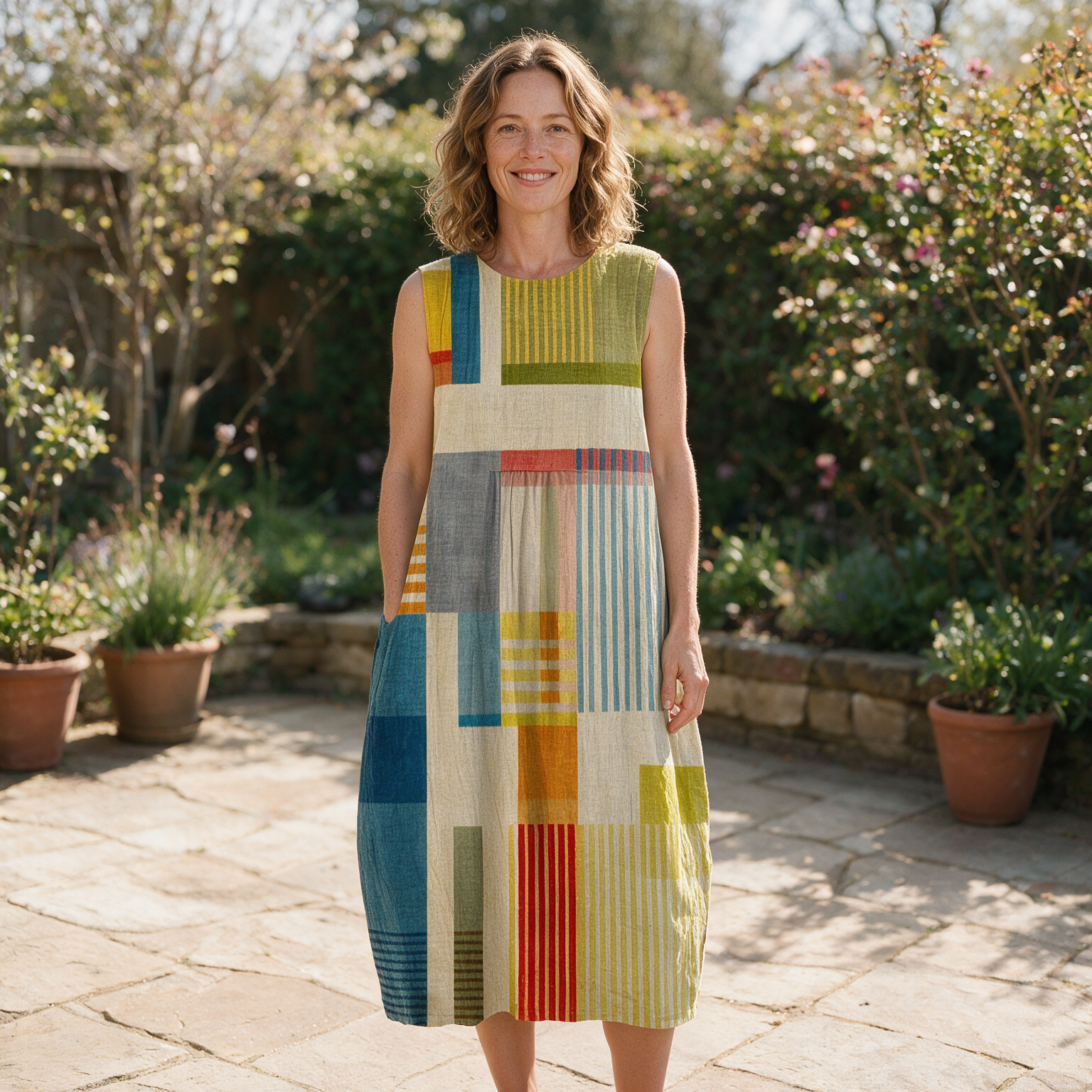 Jacinta spring dress front view on garden terrace