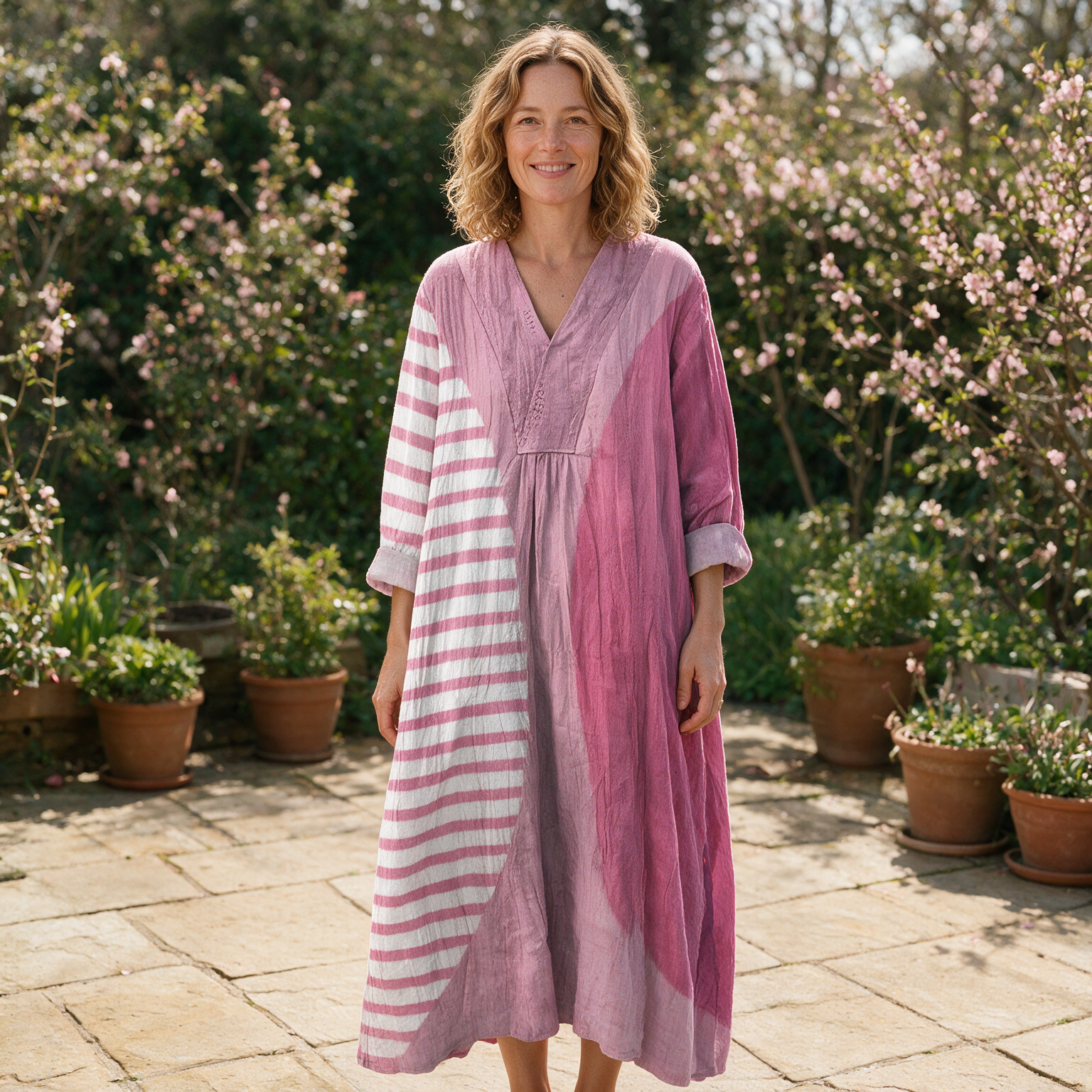 Narelle spring dress front view on garden terrace