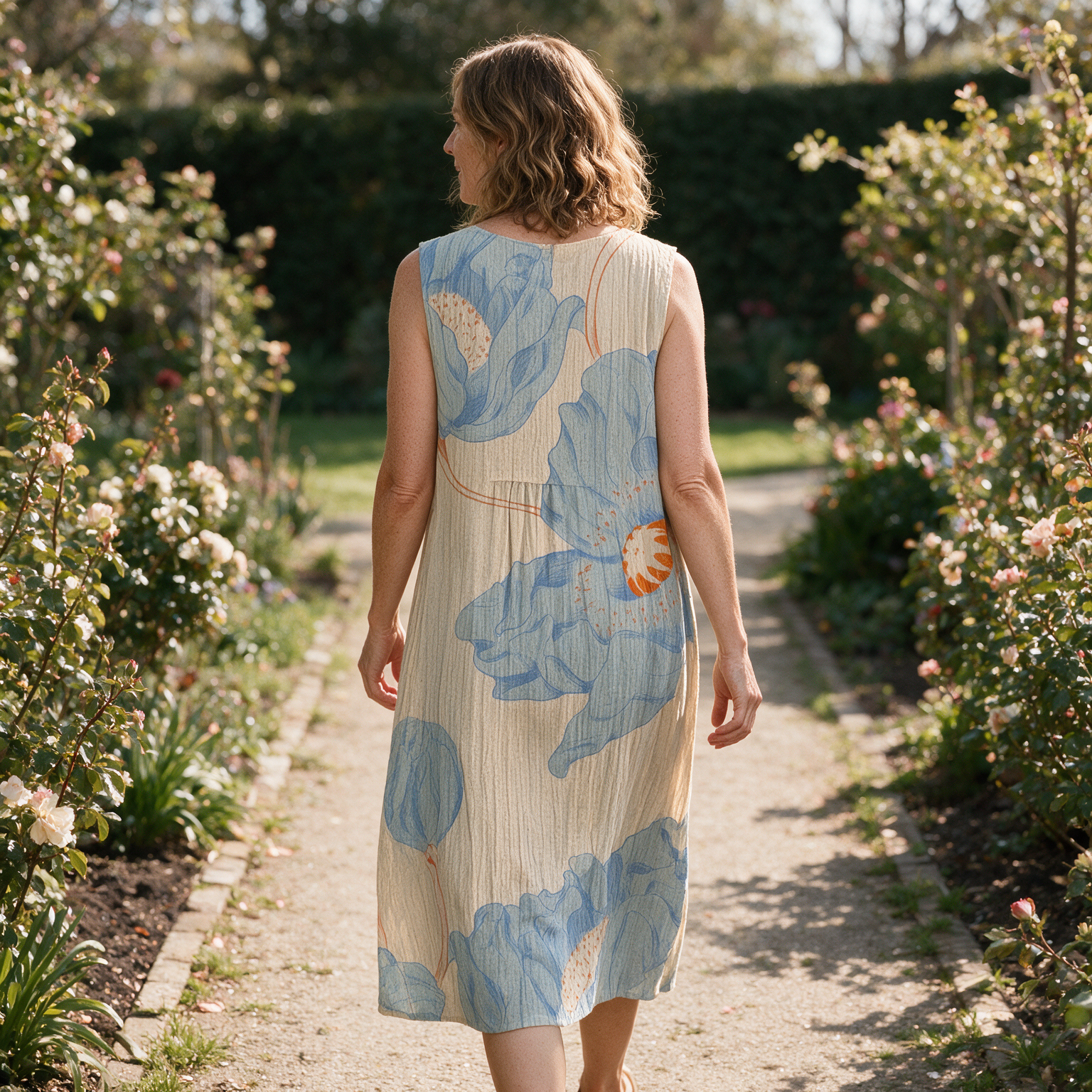 Miranda spring dress back view on a garden path