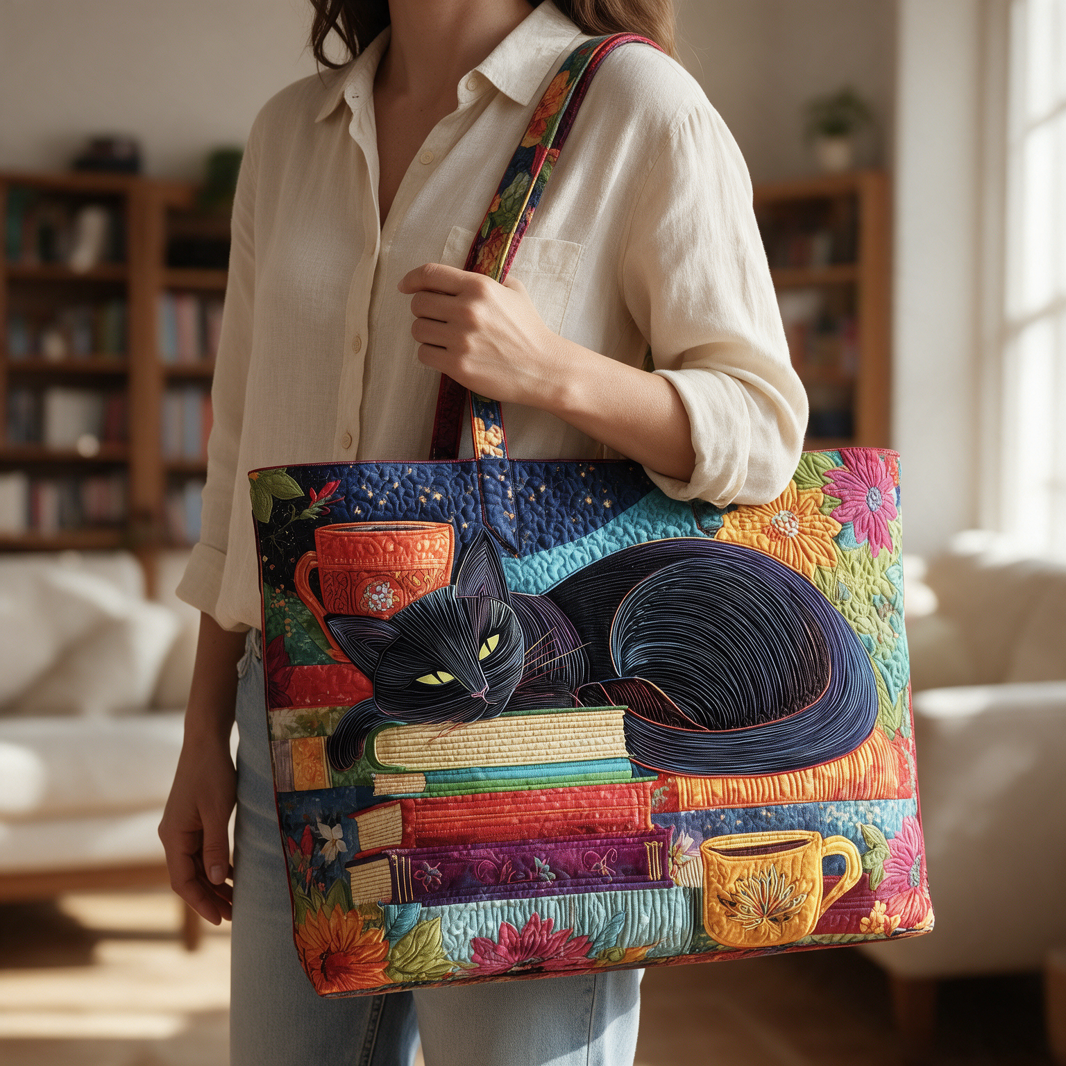 Cathy quilted tote bag worn on the shoulder