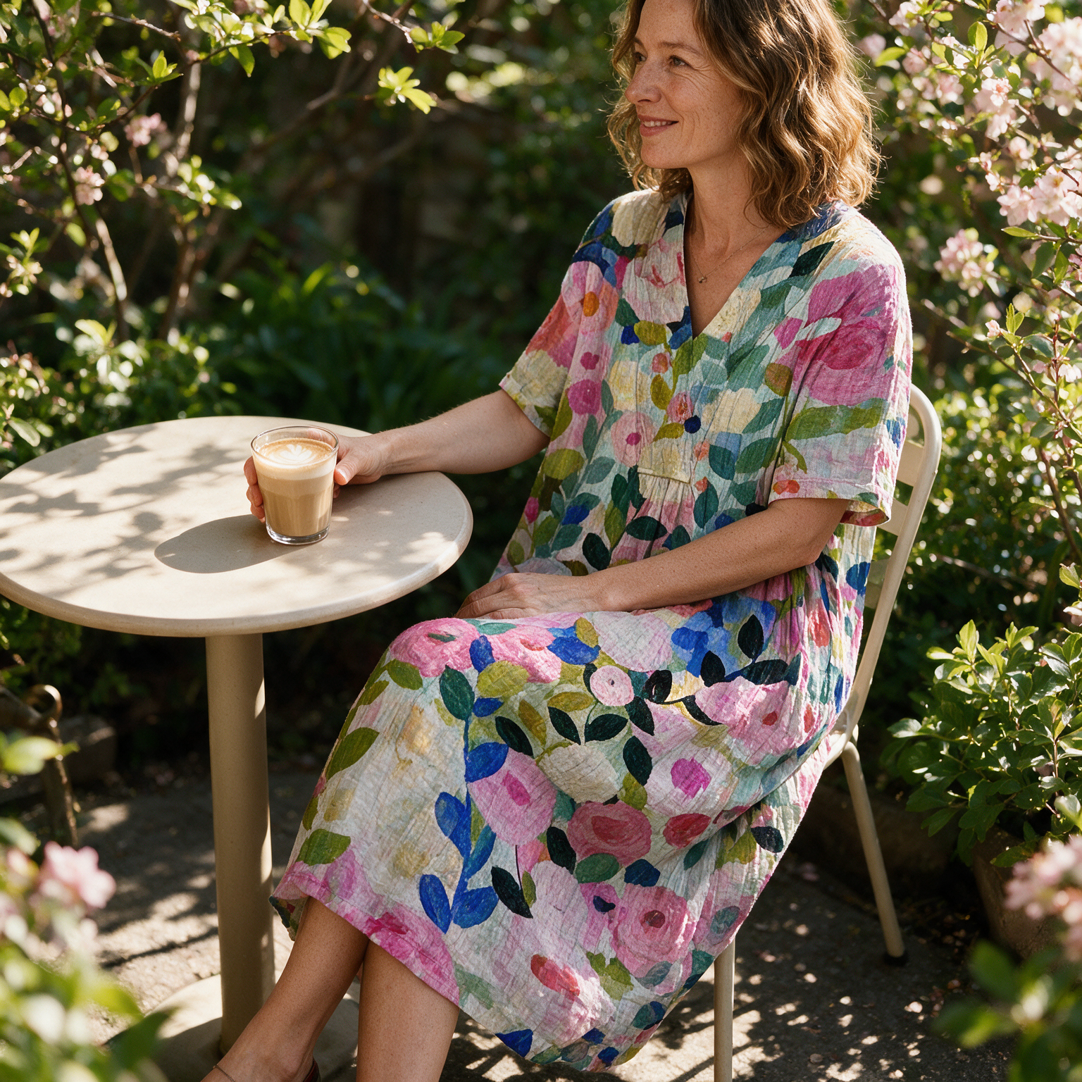 Caline spring dress three quarter view at an outdoor cafe