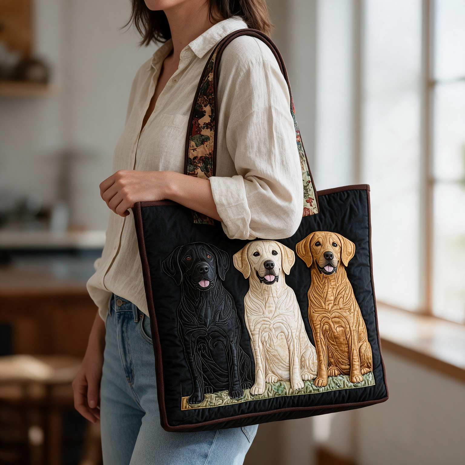 Lyn quilted tote bag worn on the shoulder