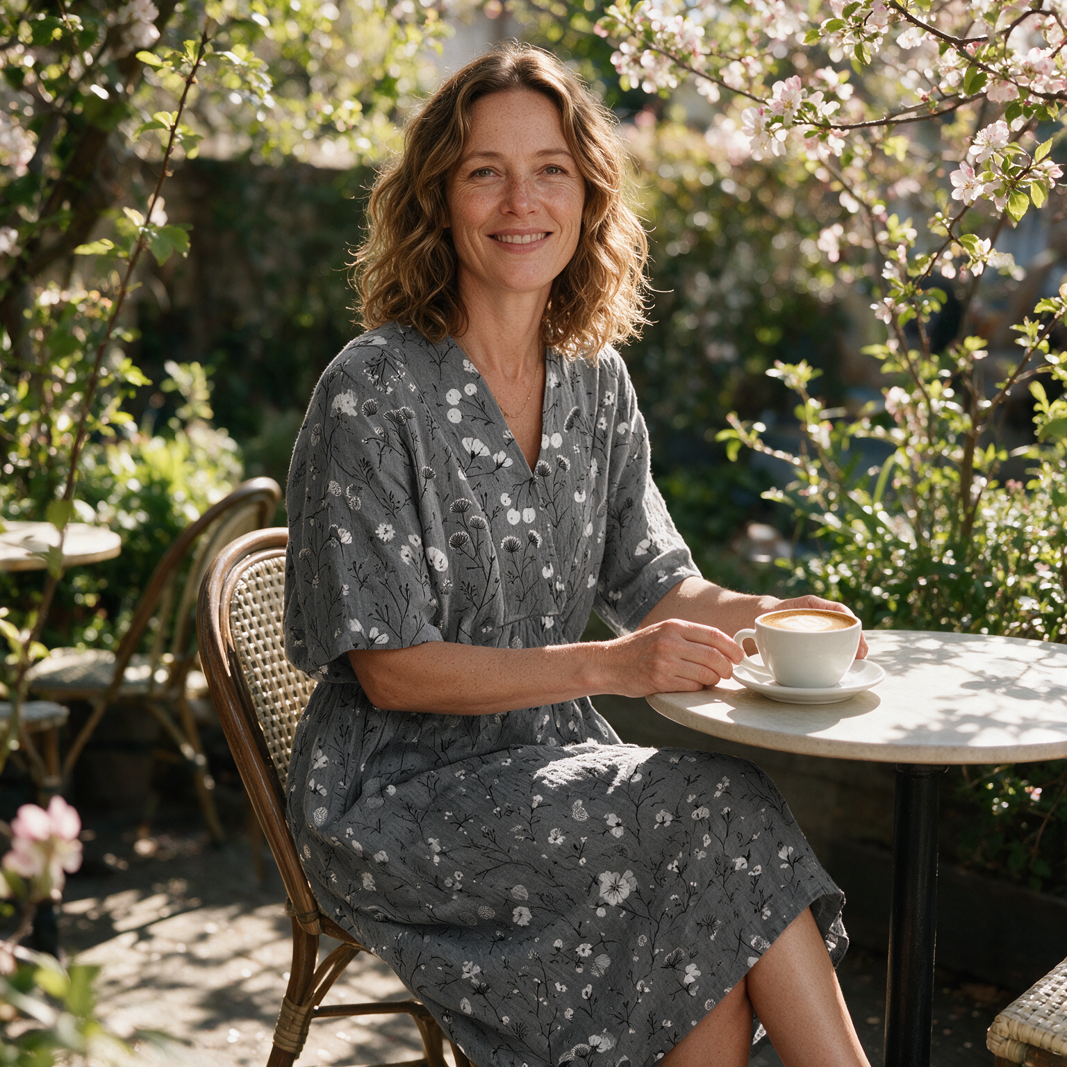 Delta spring dress three quarter view at an outdoor cafe