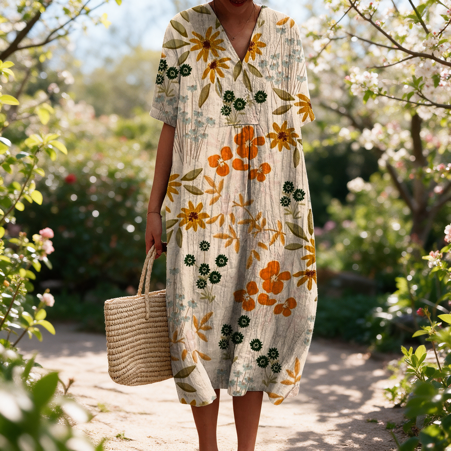 Josephine spring dress in a sunlit garden