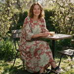 Kirstie spring dress three quarter view at an outdoor cafe