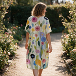 Lydia spring dress back view on a garden path