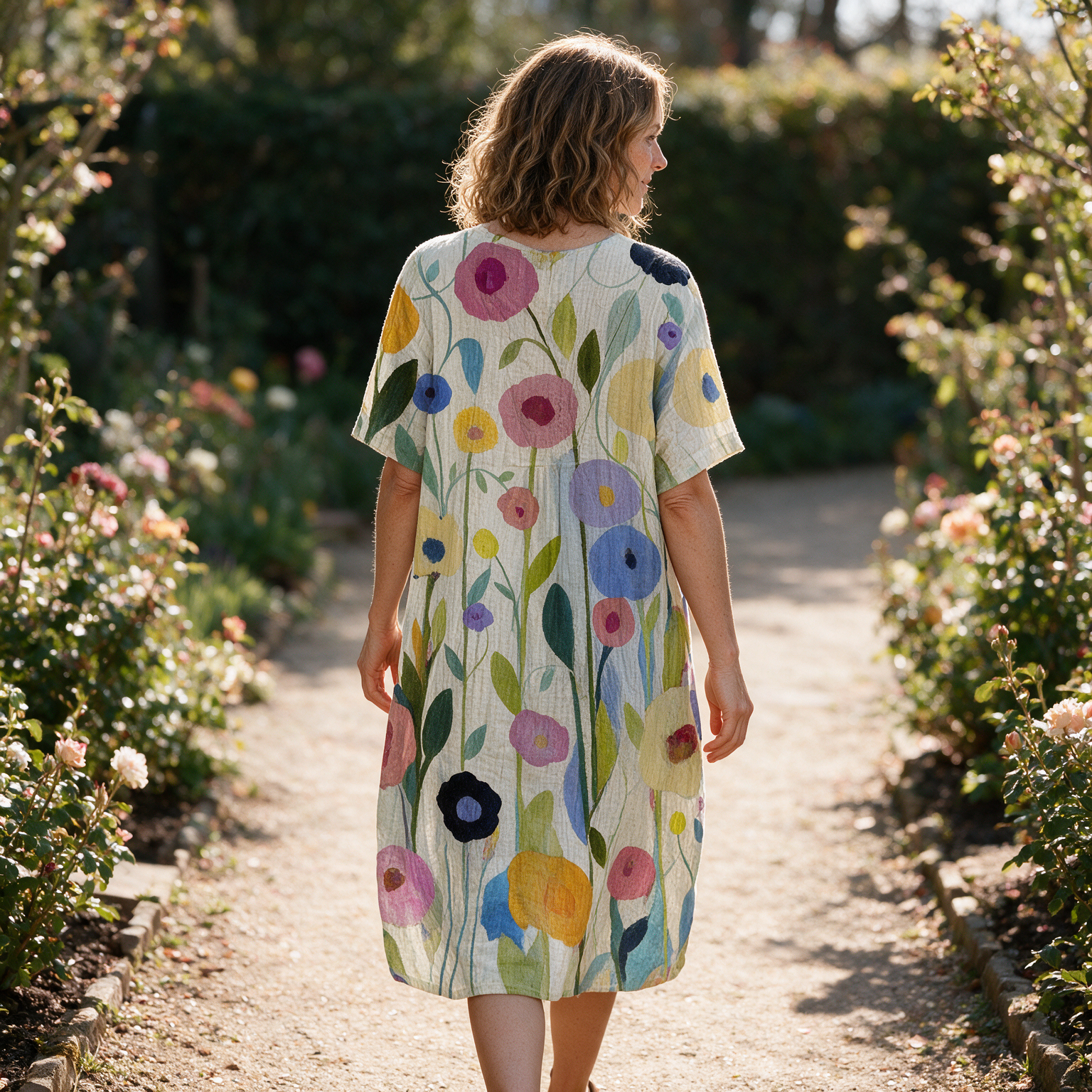 Lydia spring dress back view on a garden path