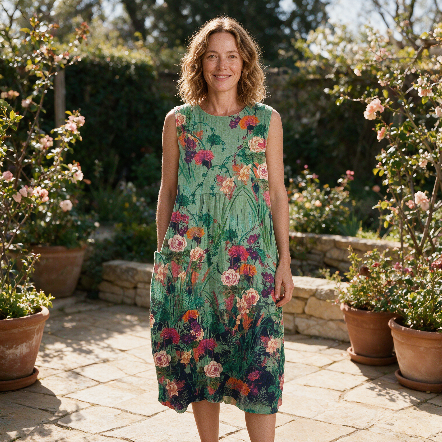 Gemma spring dress front view on garden terrace