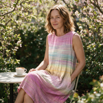 Alyse spring dress three quarter view at an outdoor cafe