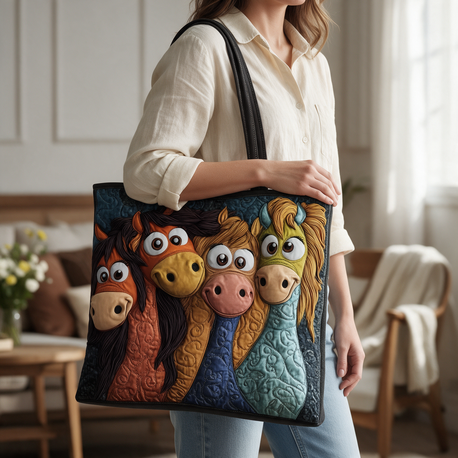 Polly quilted tote bag worn on the shoulder