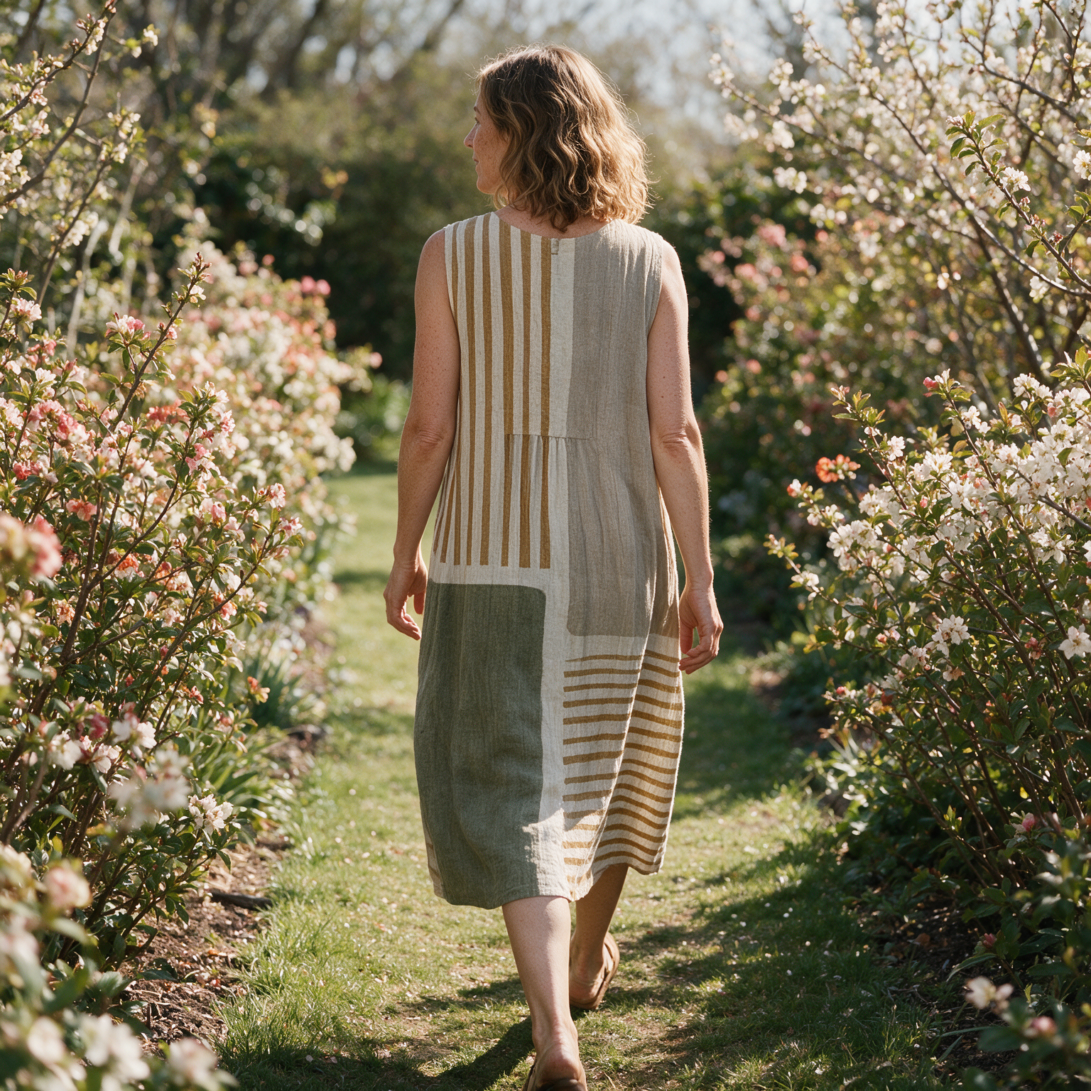 Sharyn spring dress back view on a garden path