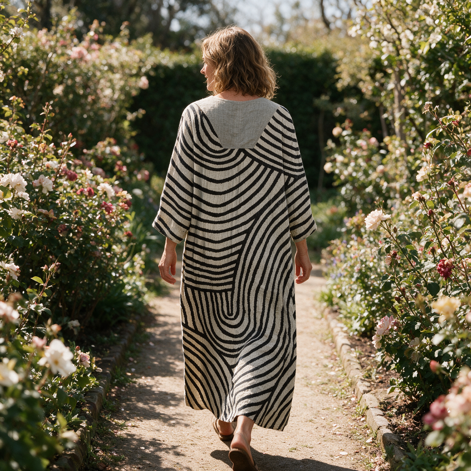 Sienna spring dress back view on a garden path