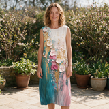 Renee spring dress front view on garden terrace