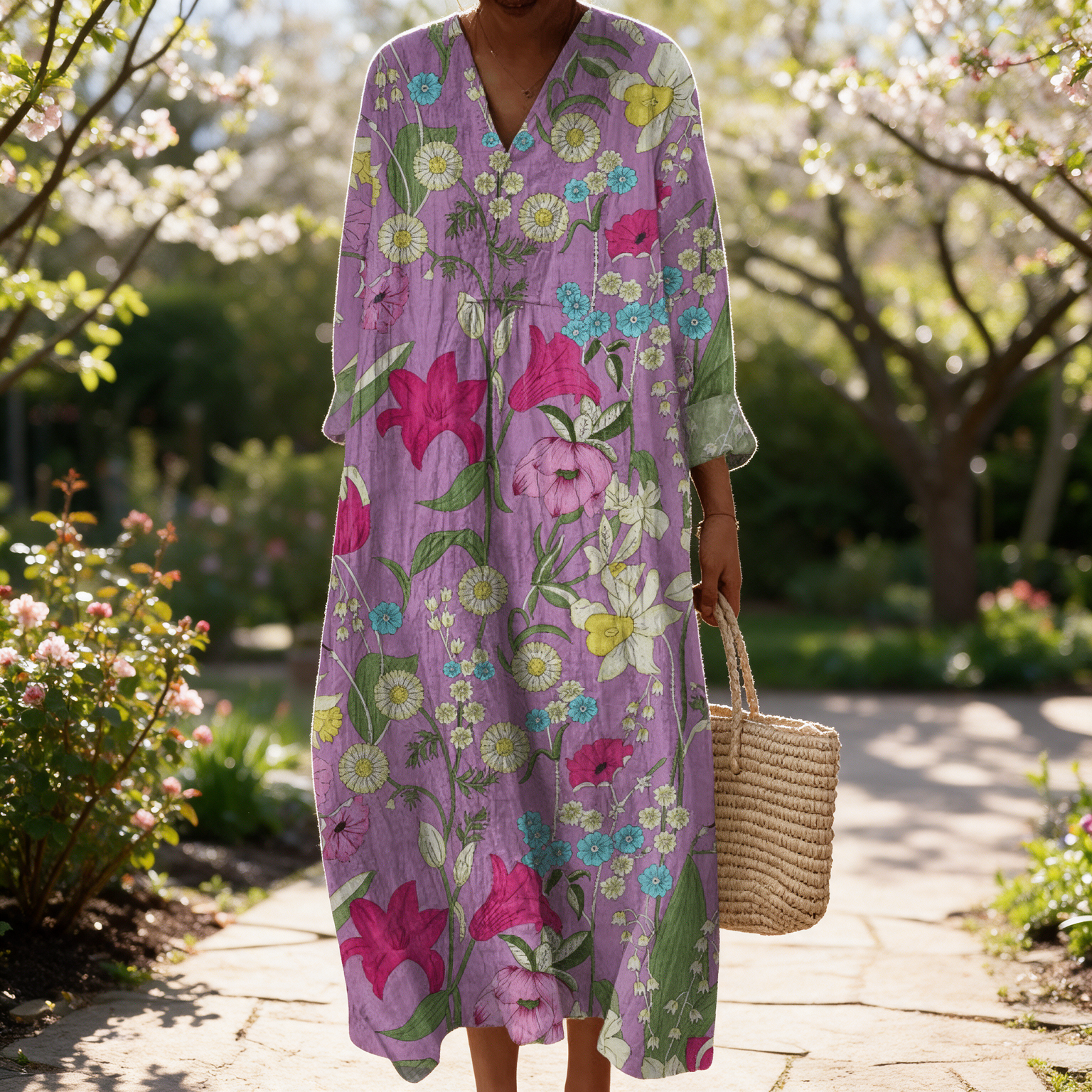 Pippa spring dress in a sunlit garden
