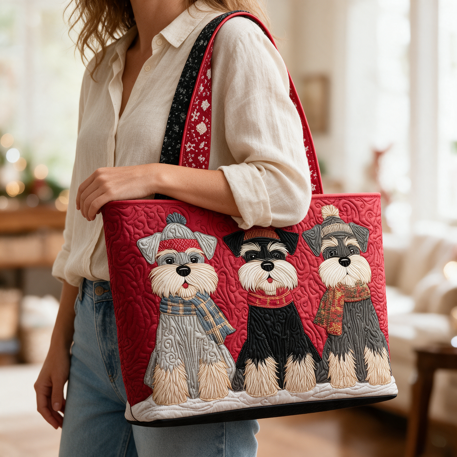Pauline quilted tote bag worn on the shoulder