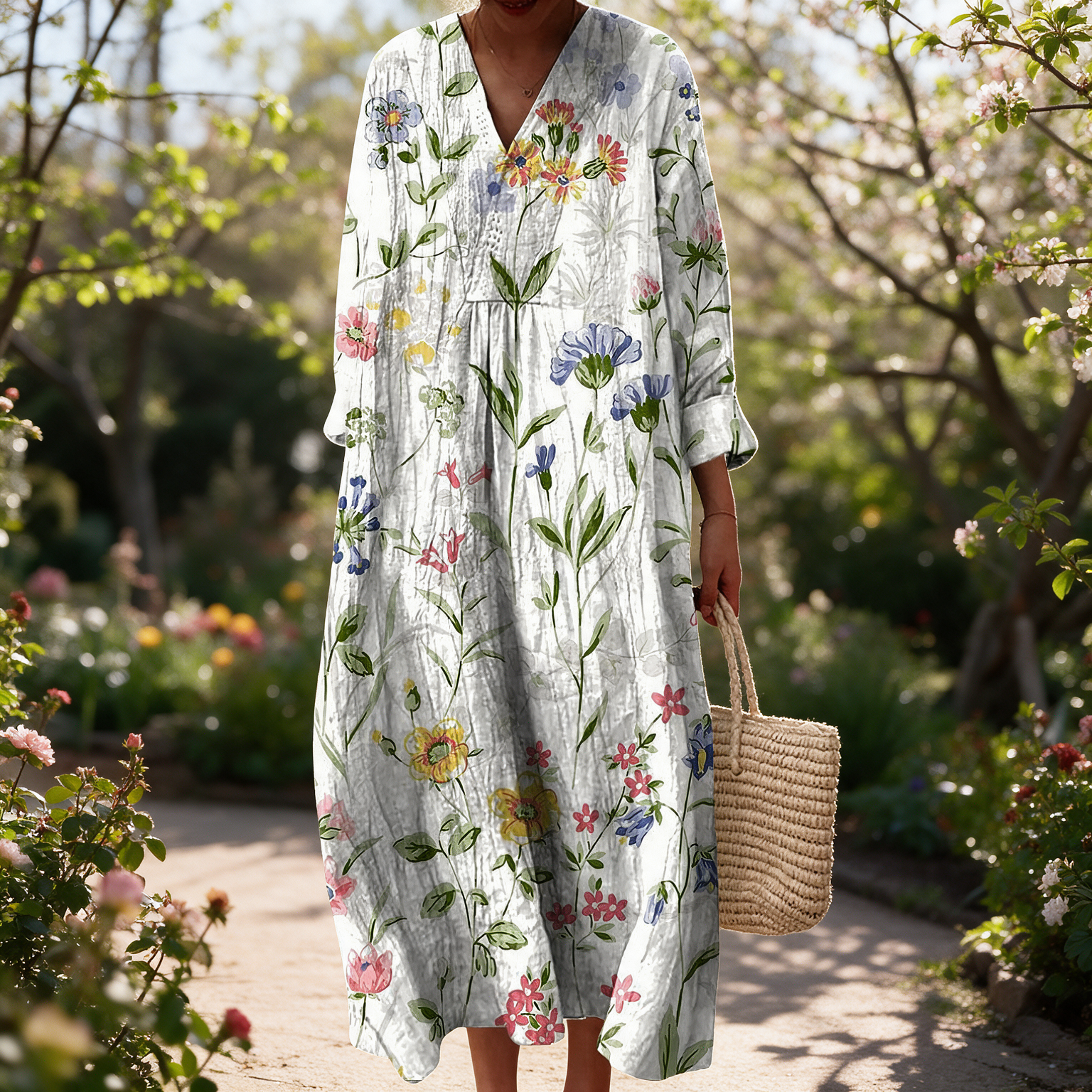 Belinda spring dress in a sunlit garden