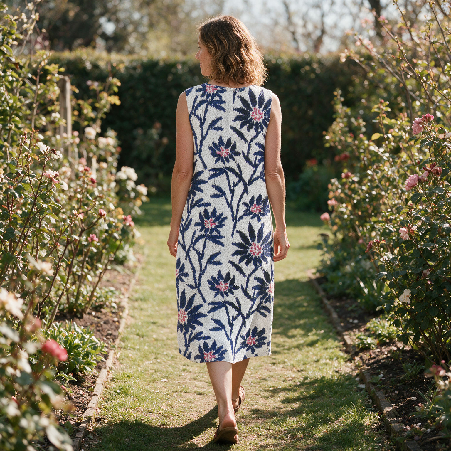 Zara spring dress back view on a garden path