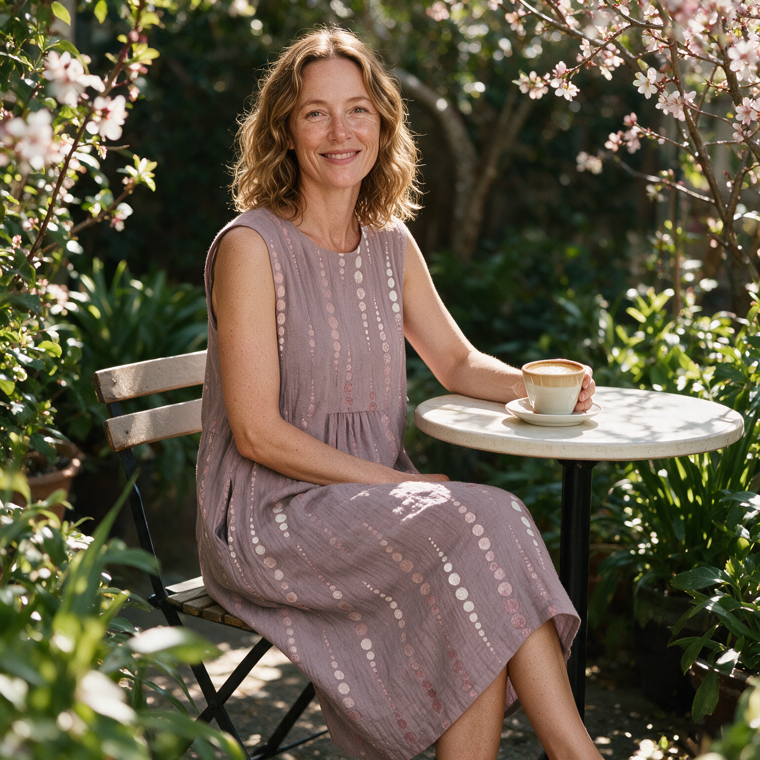 Georgie spring dress three quarter view at an outdoor cafe