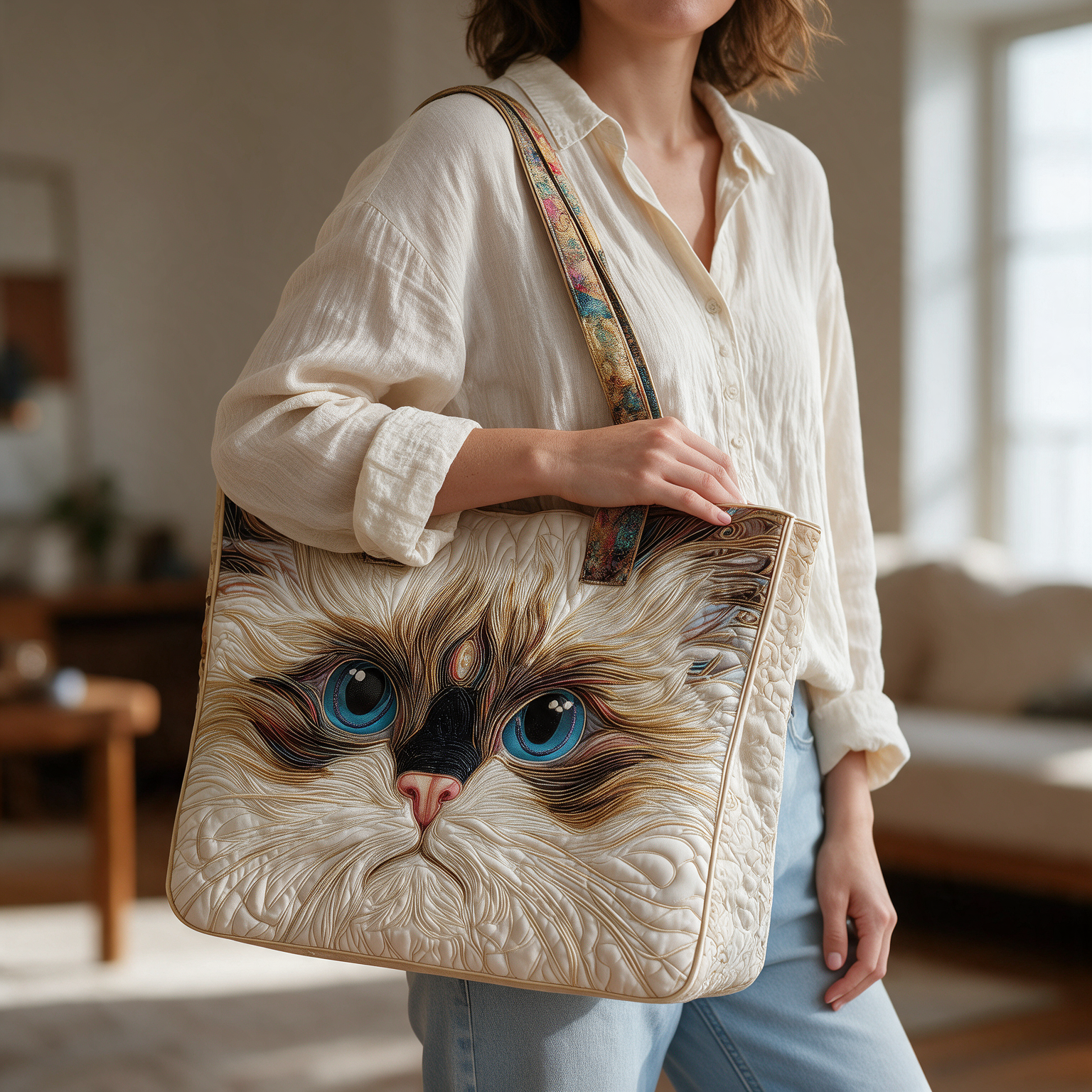 Jodie quilted tote bag worn on the shoulder
