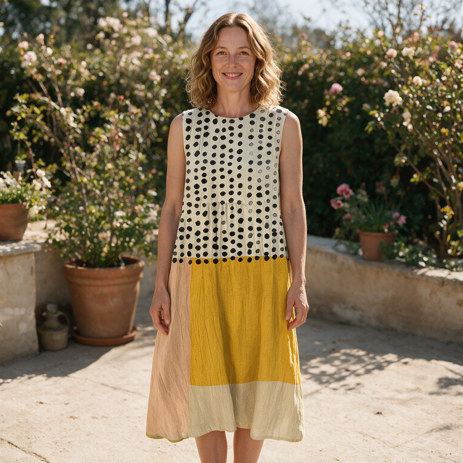 Simone spring dress front view on garden terrace