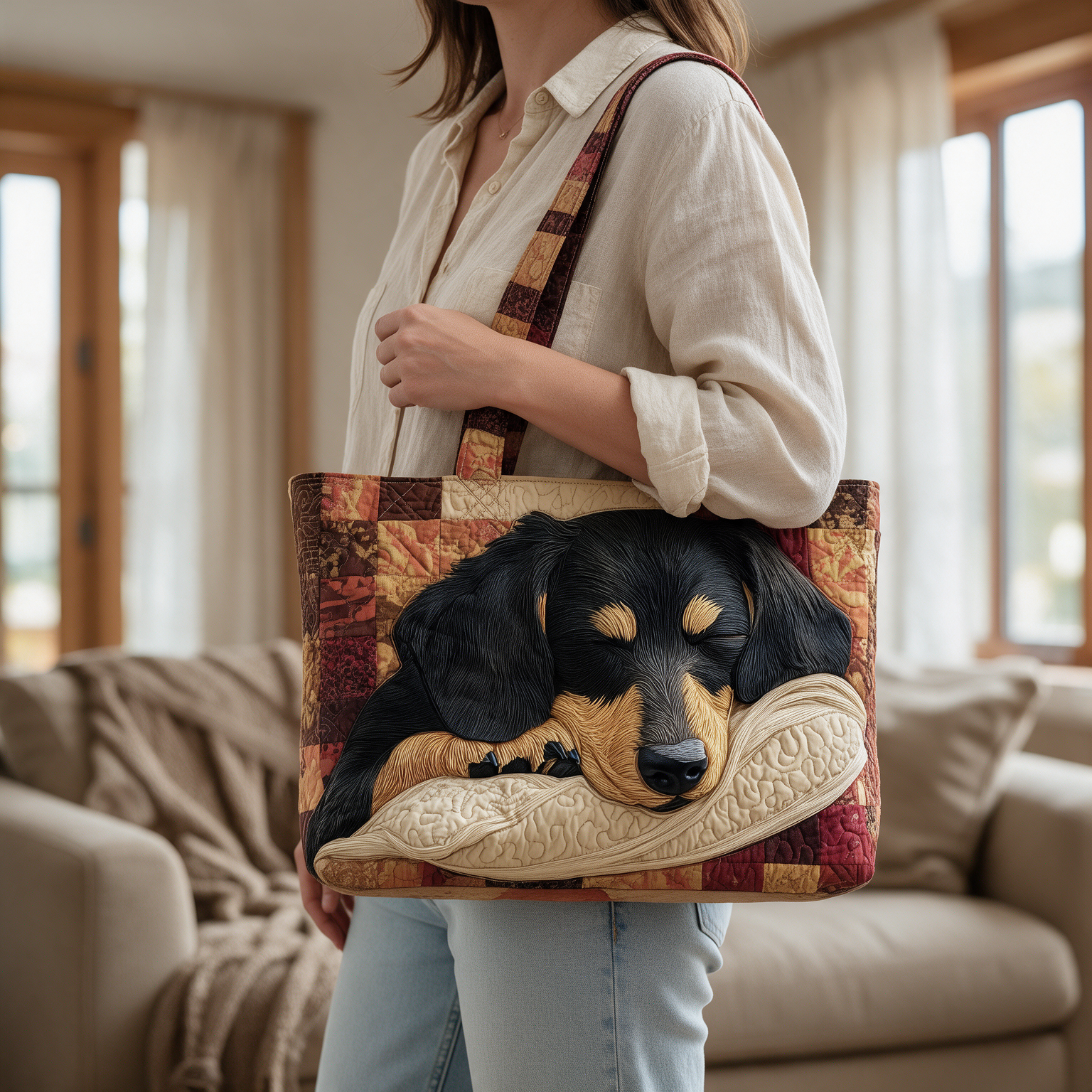 Tracey quilted tote bag worn on the shoulder