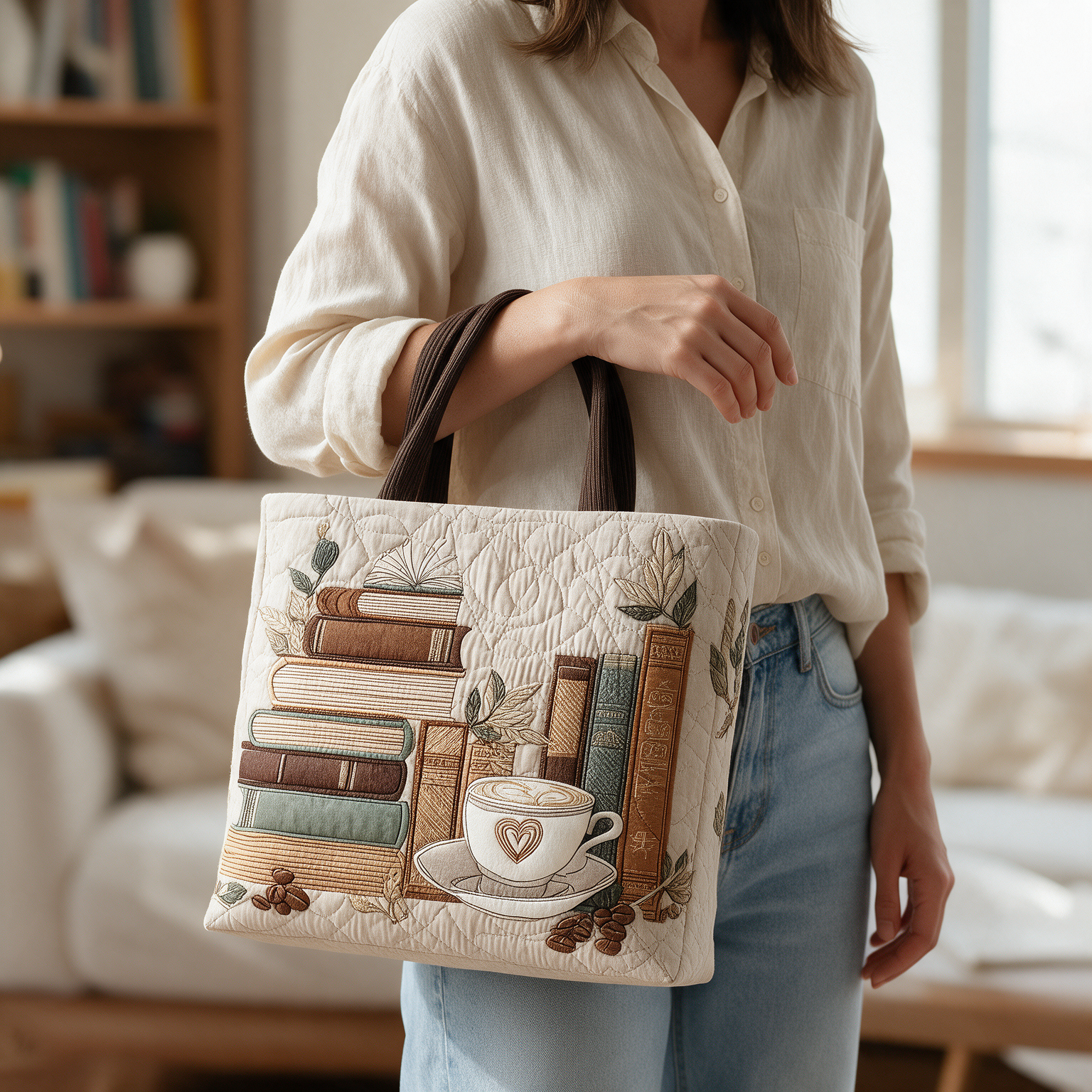 Carol quilted tote bag worn on the shoulder
