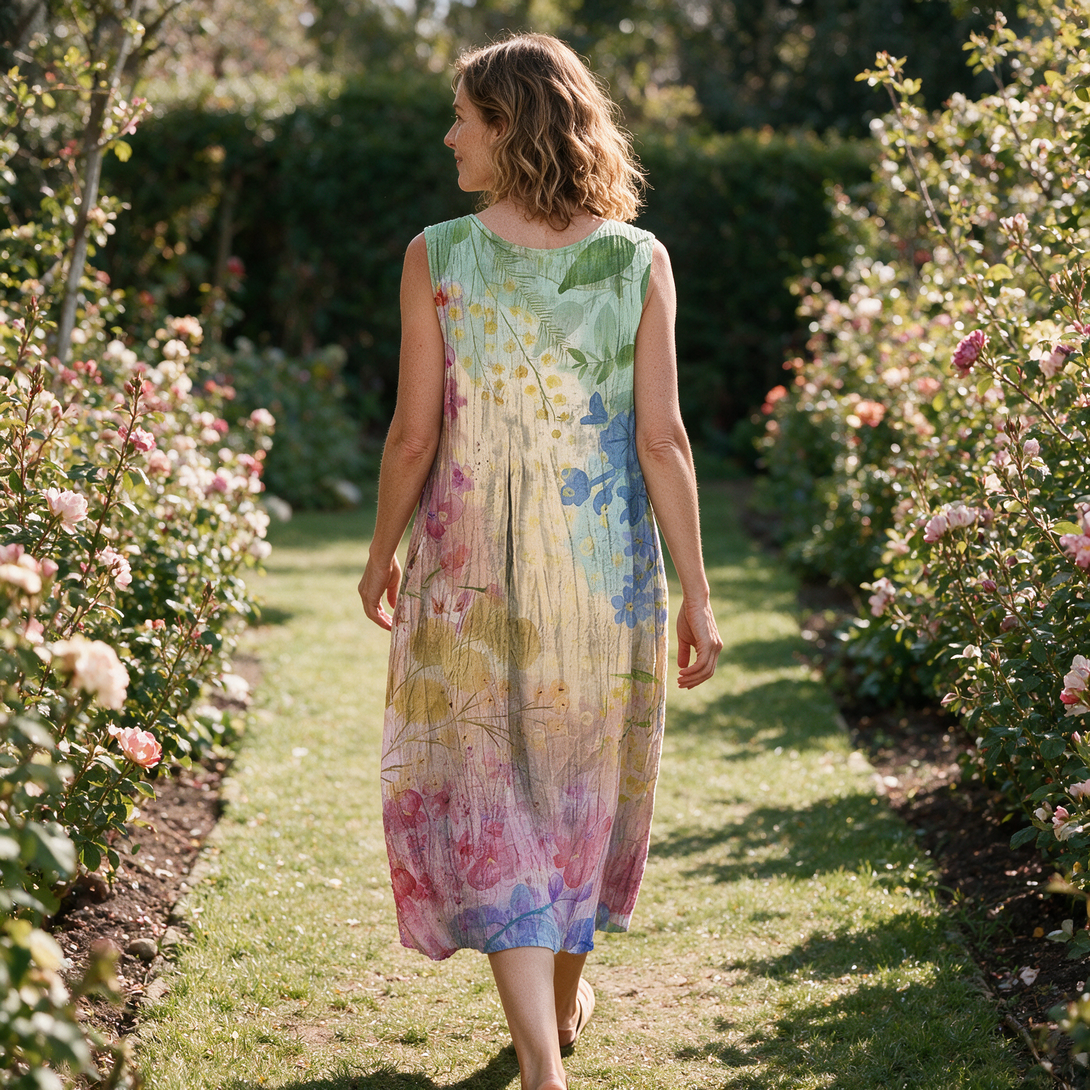 Brooke spring dress back view on a garden path