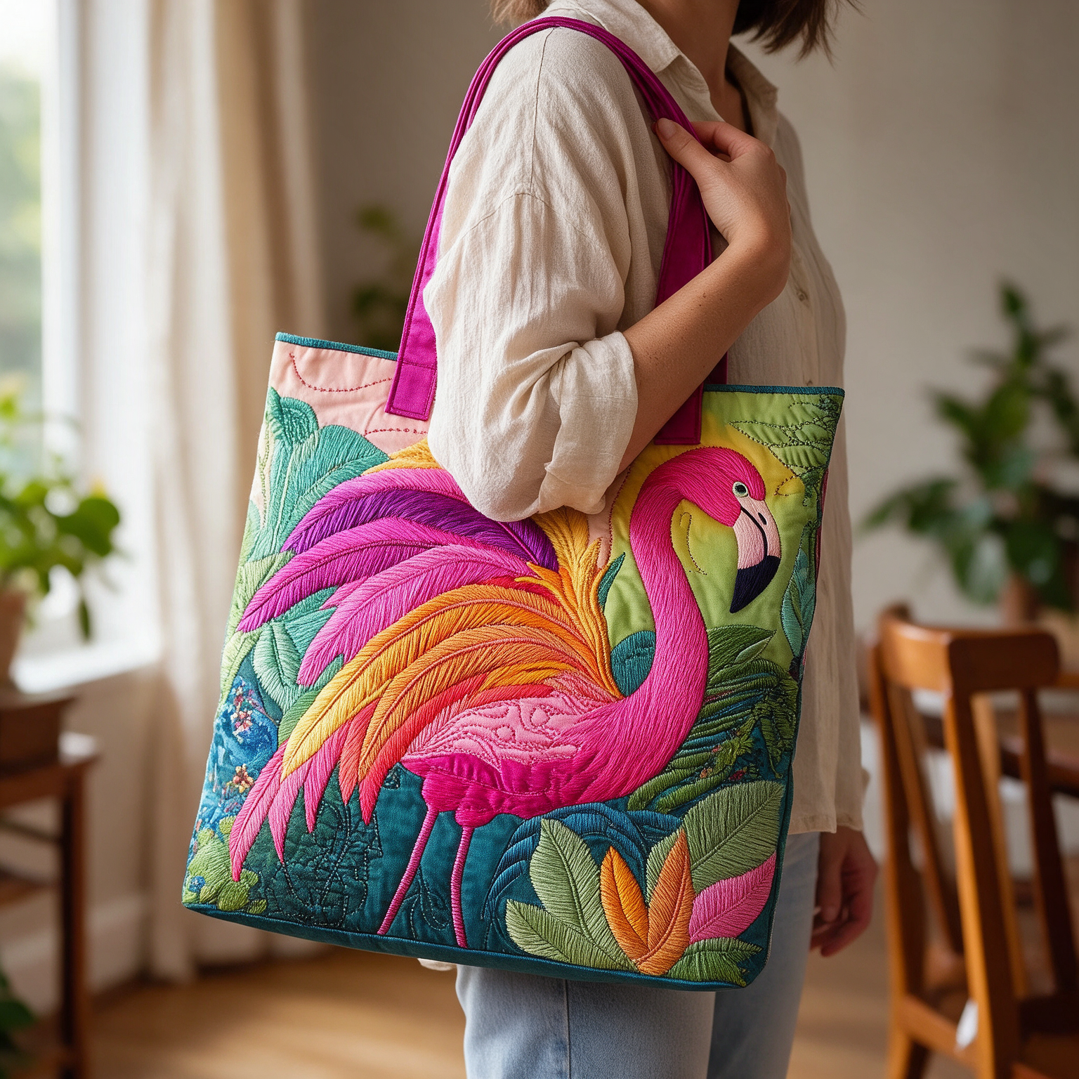 Fleur quilted tote bag worn on the shoulder
