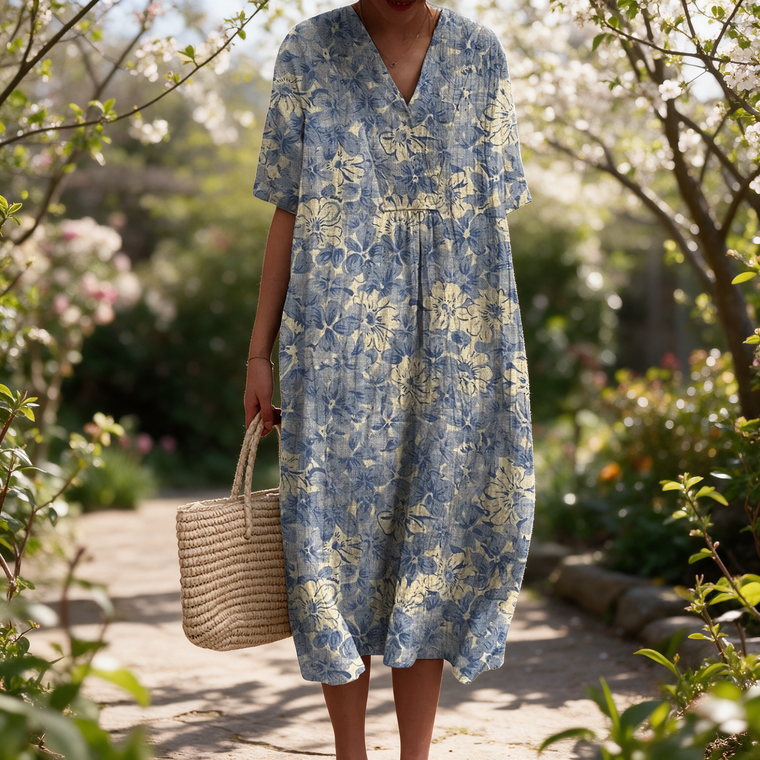 Lisou spring dress in a sunlit garden
