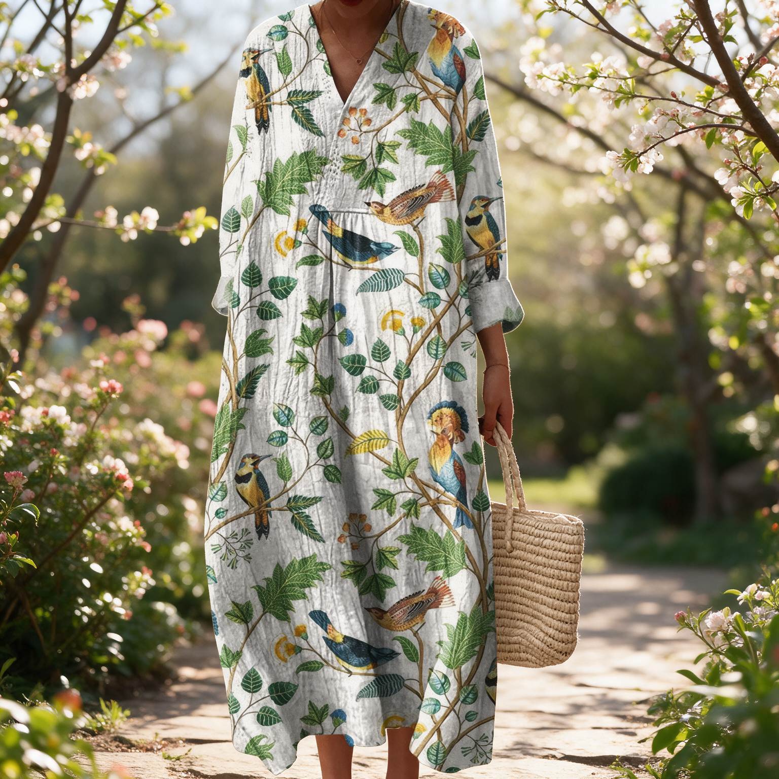 Elise spring dress in a sunlit garden