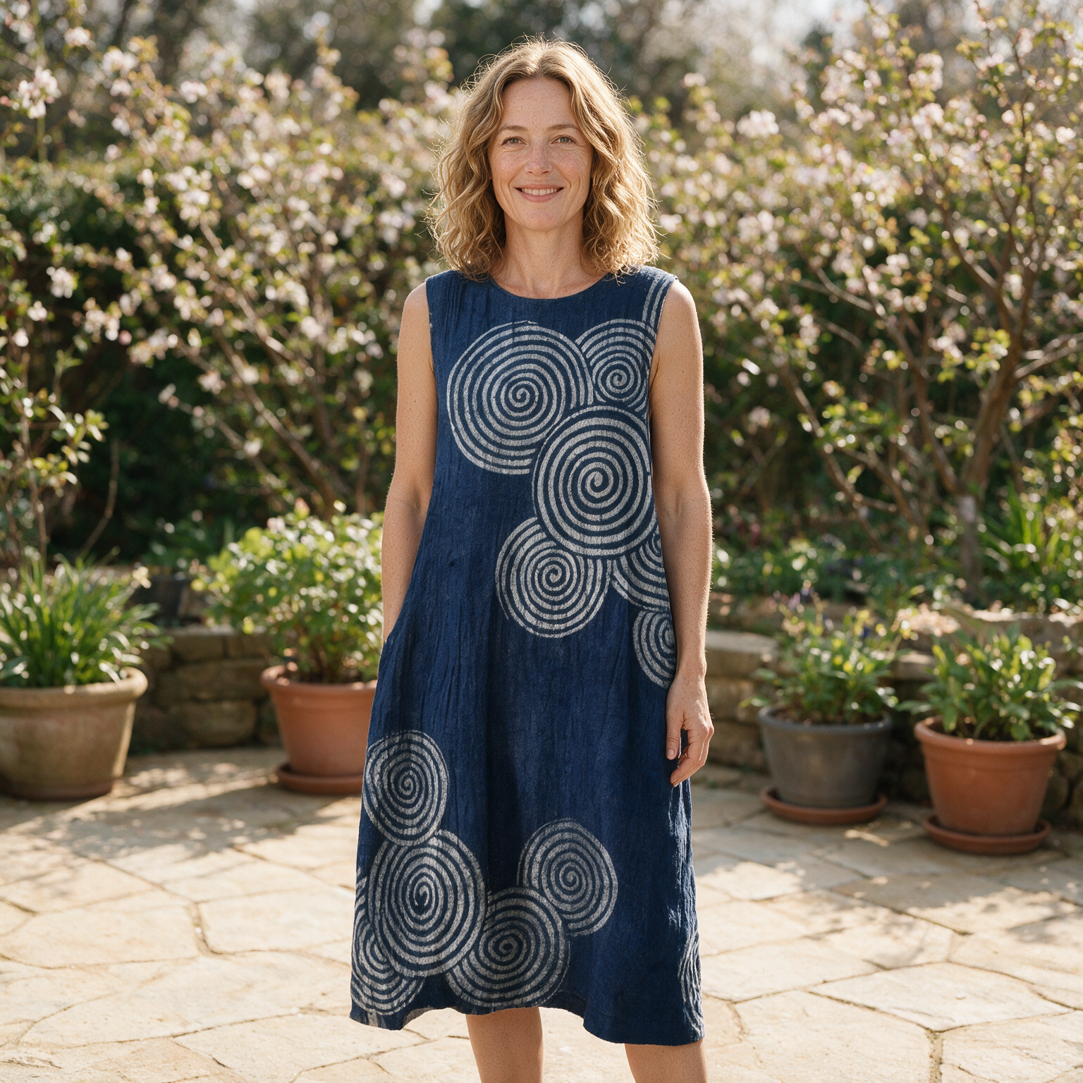 Maraïke spring dress front view on garden terrace