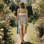 Jacinta spring dress back view on a garden path