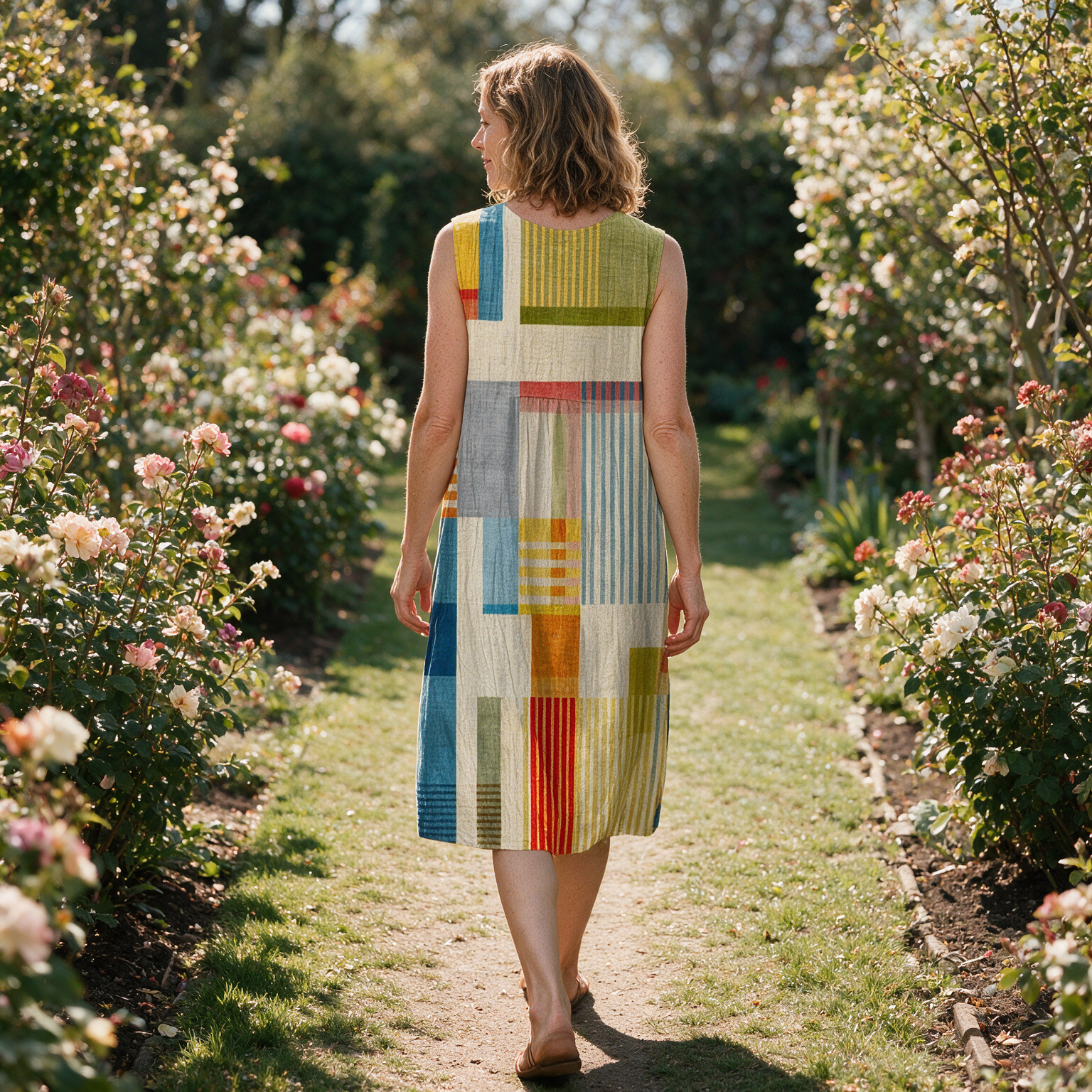 Jacinta spring dress back view on a garden path