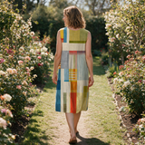 Jacinta spring dress back view on a garden path