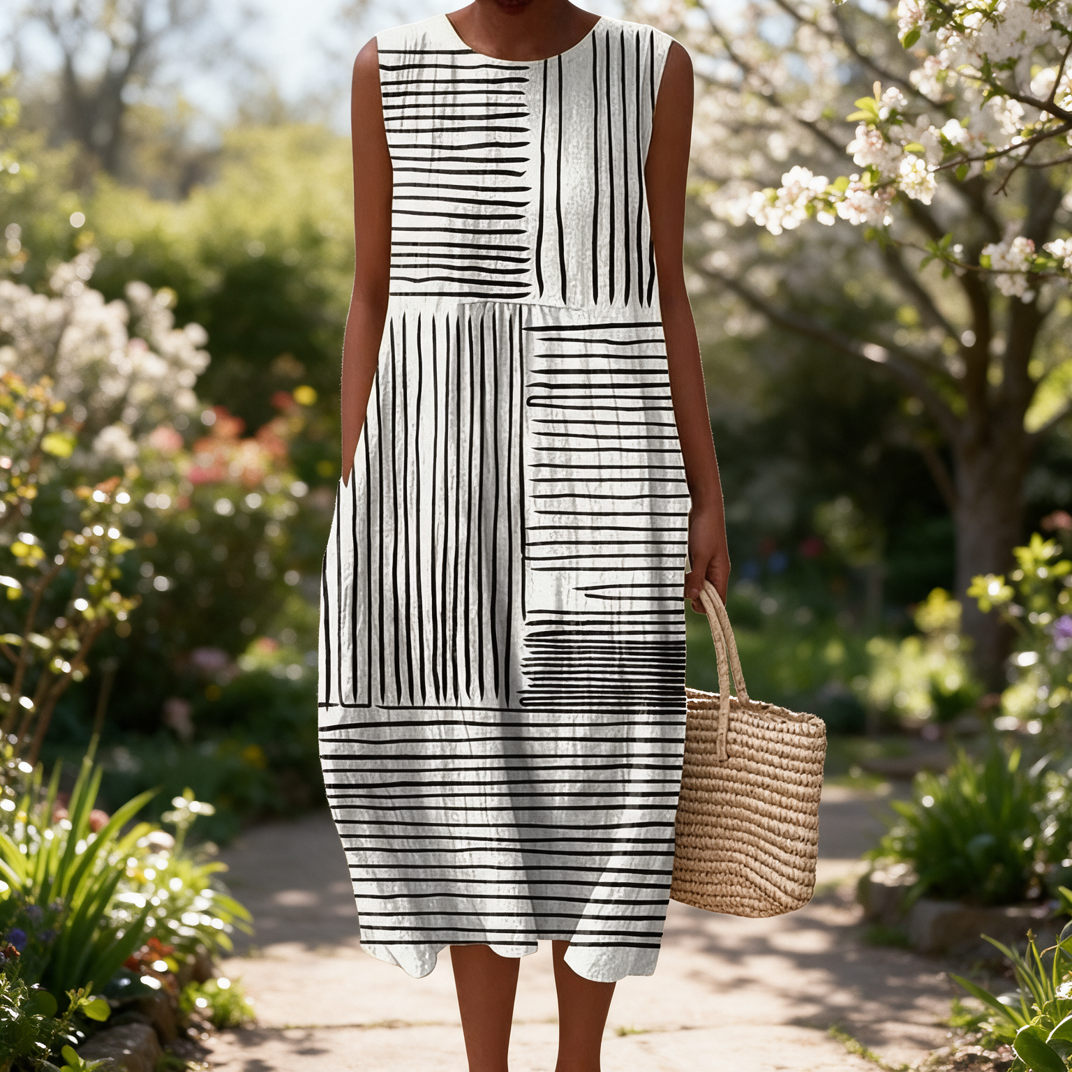 Janelle spring dress in a sunlit garden