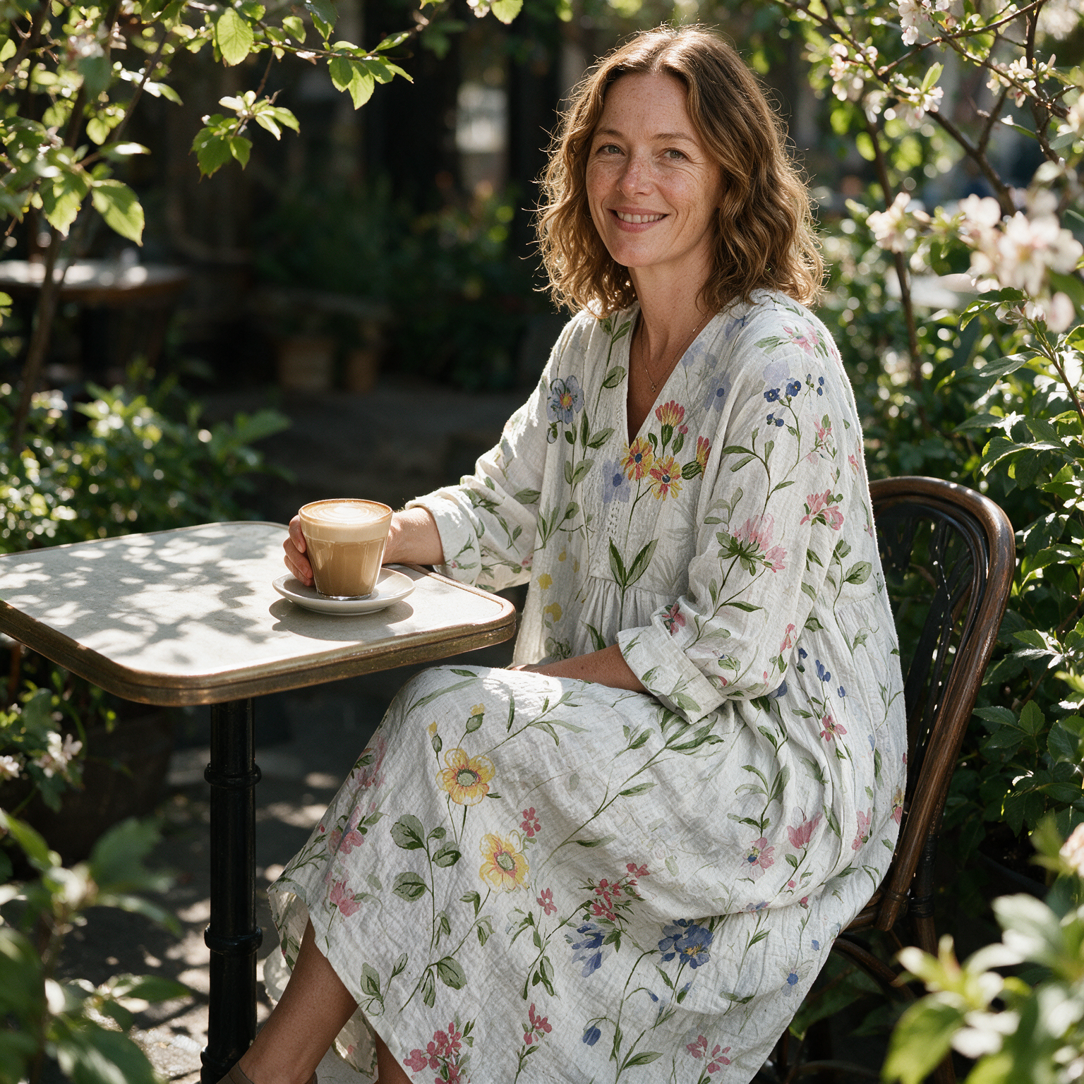 Belinda spring dress three quarter view at an outdoor cafe