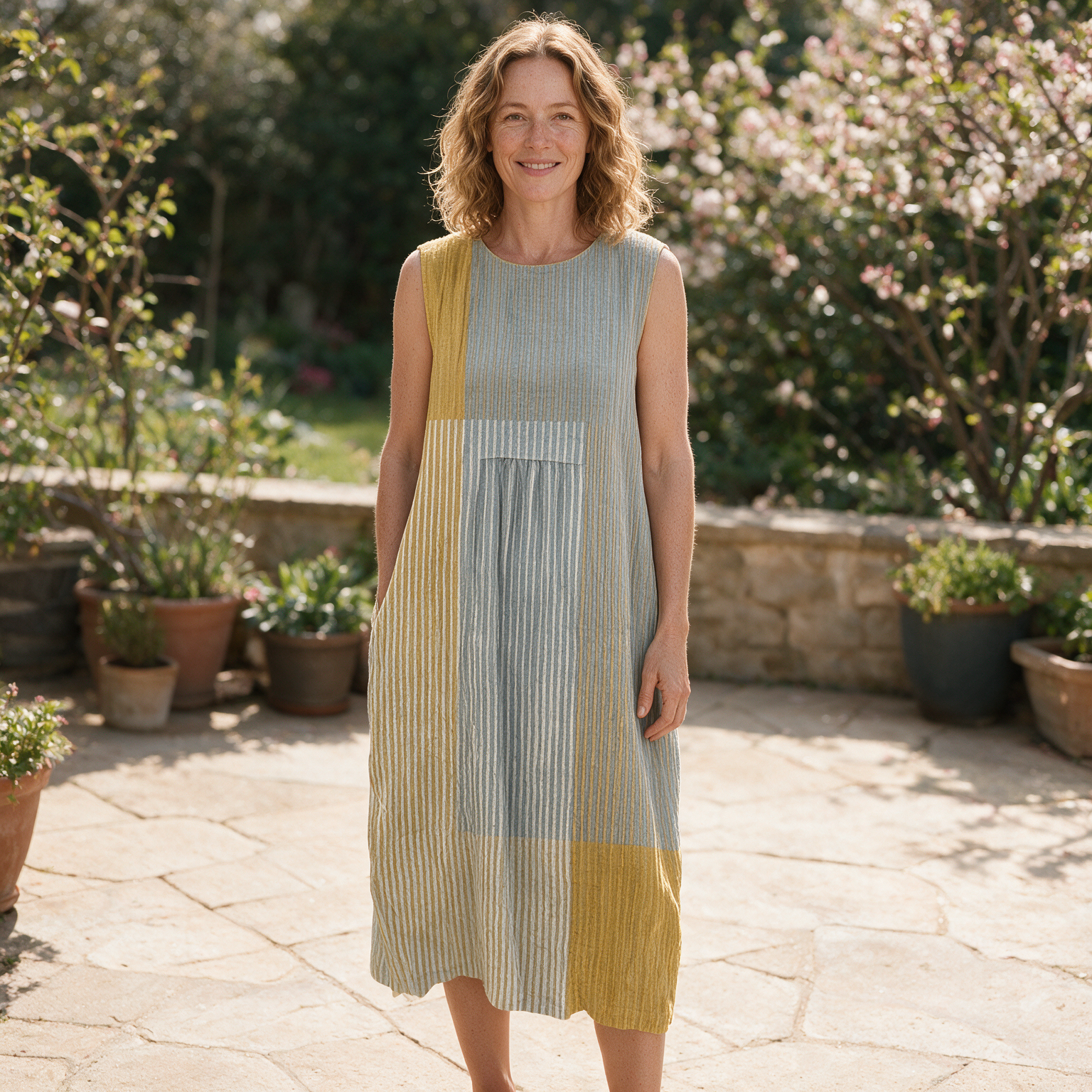 Bridie spring dress front view on garden terrace
