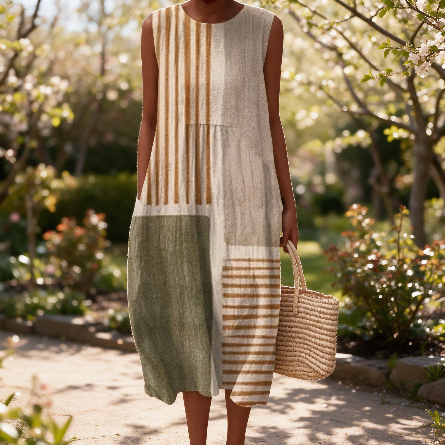 Sharyn spring dress in a sunlit garden