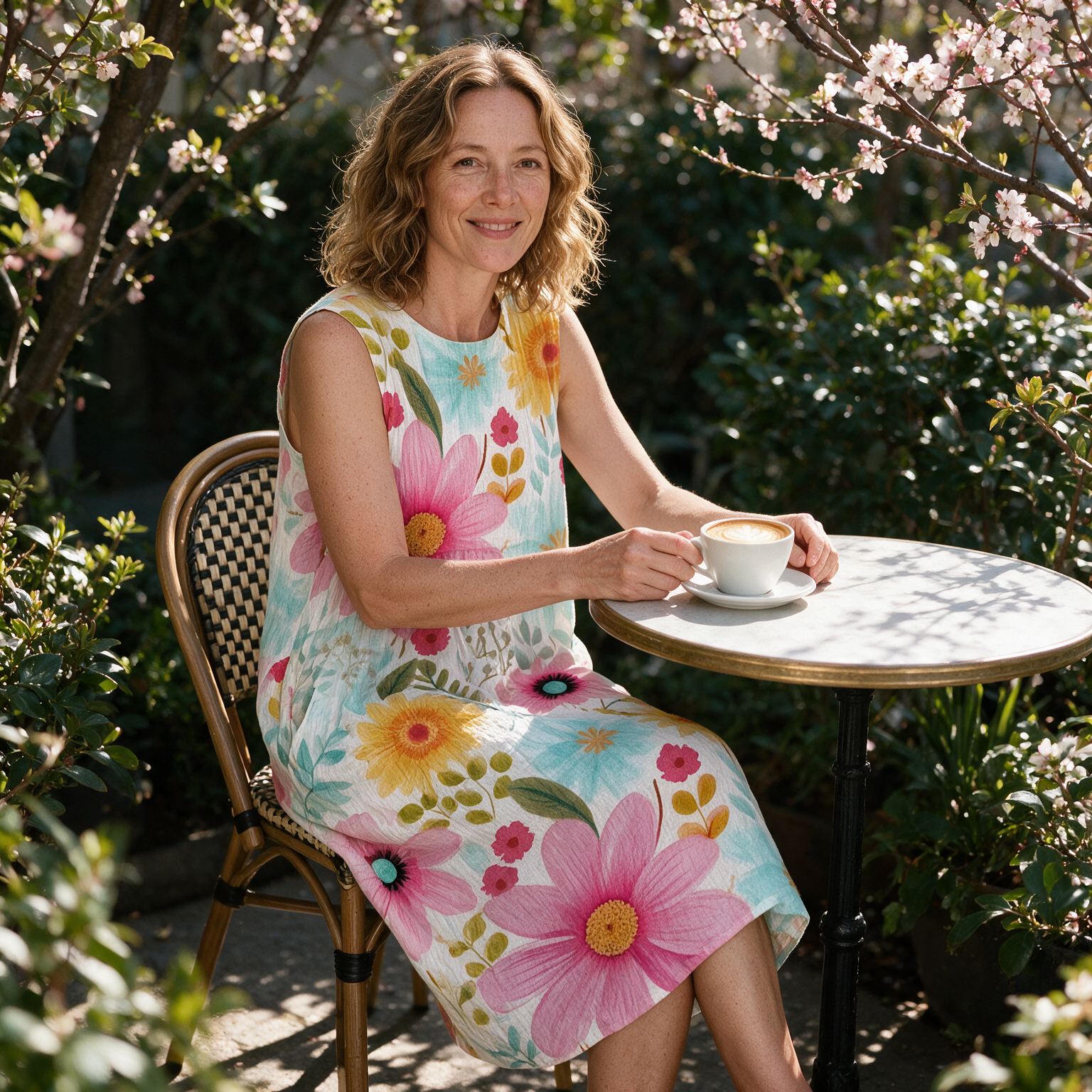 Felicity spring dress three quarter view at an outdoor cafe