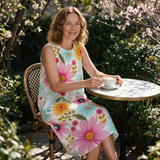 Felicity spring dress three quarter view at an outdoor cafe