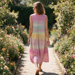 Alyse spring dress back view on a garden path