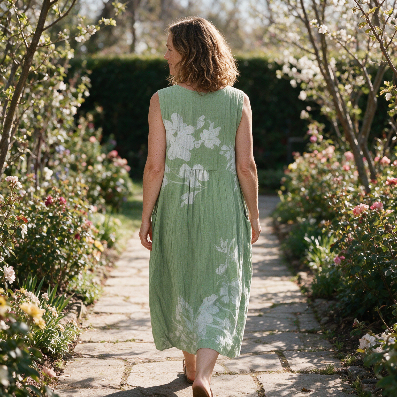 Liloue spring dress back view on a garden path