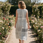Janelle spring dress back view on a garden path