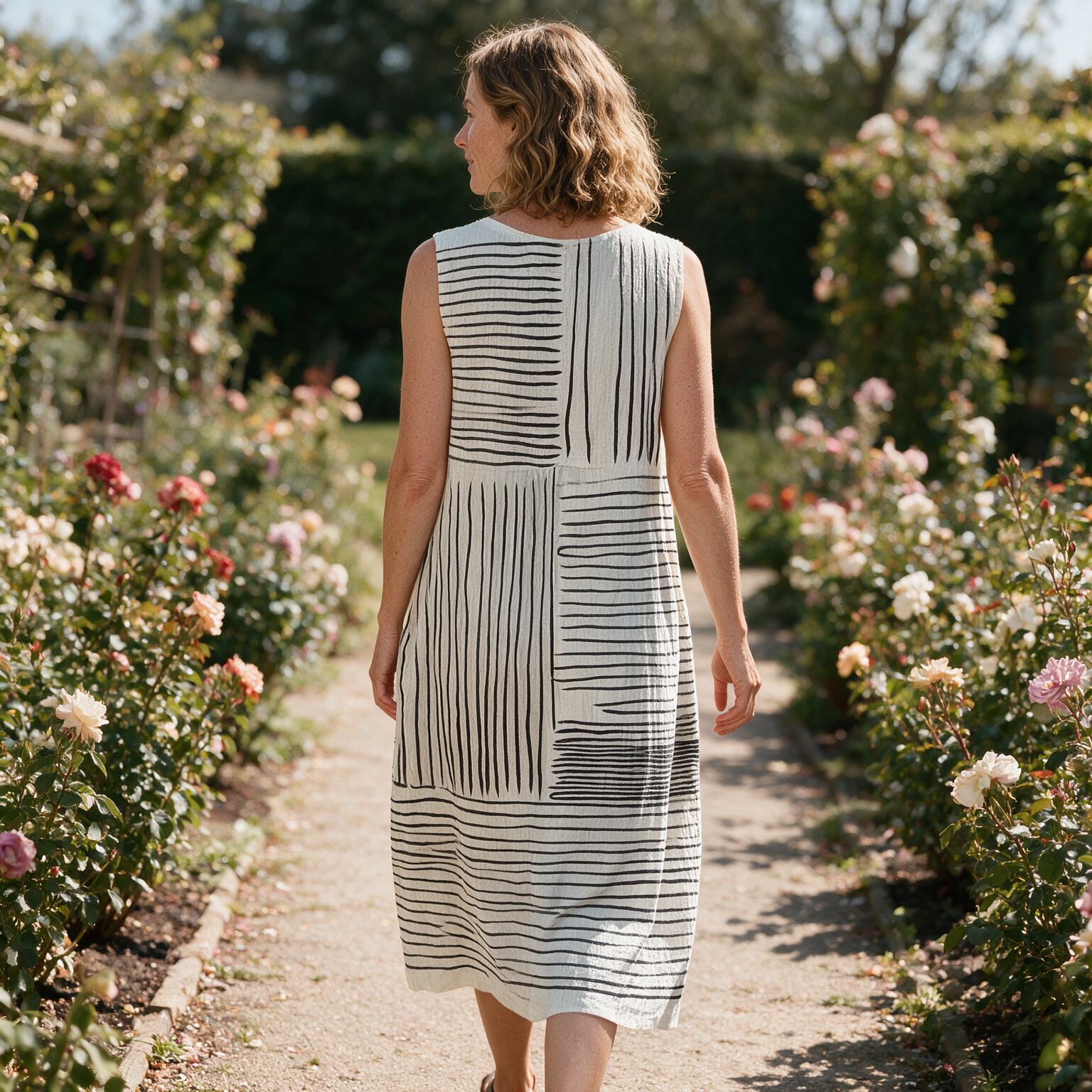 Janelle spring dress back view on a garden path