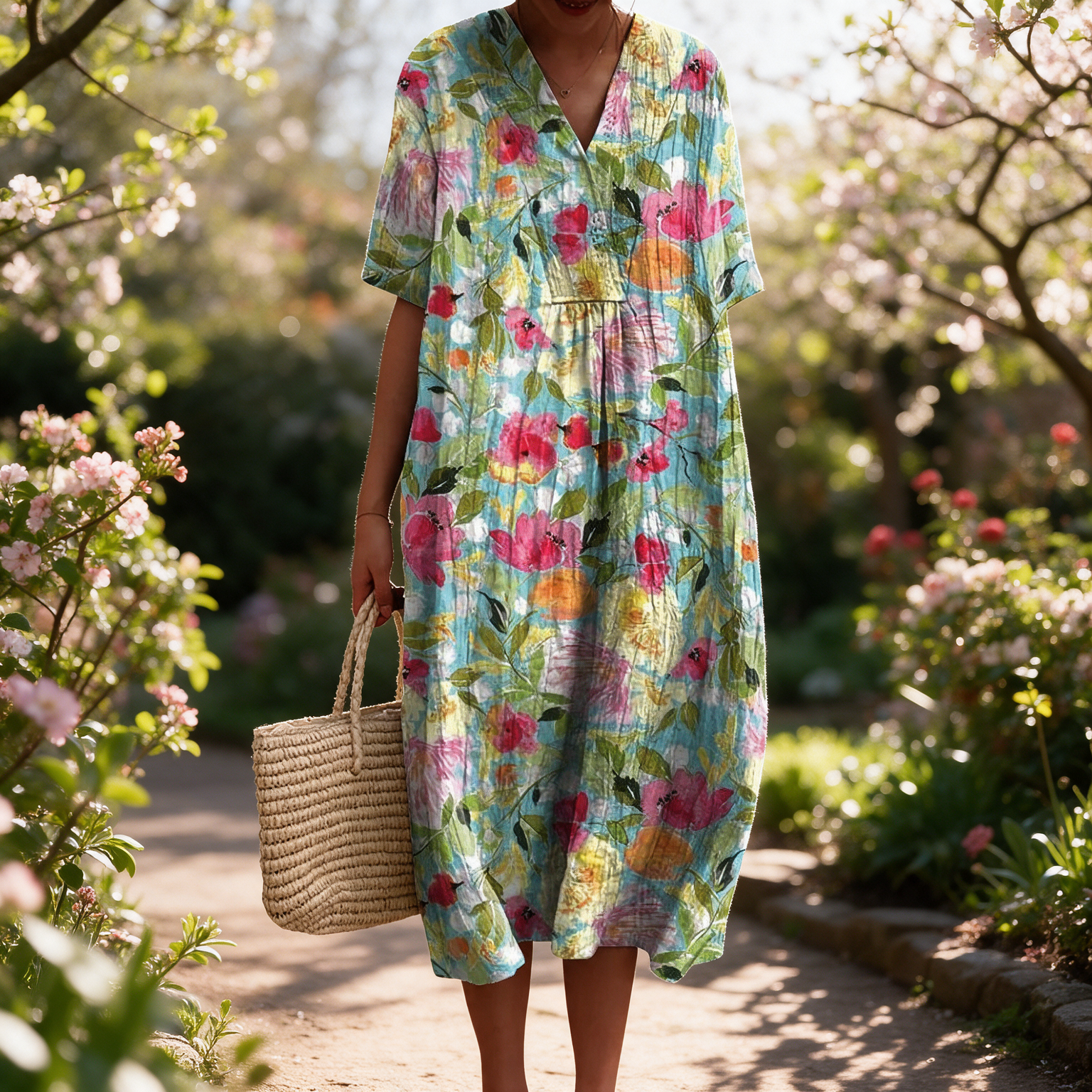 Bronwyn spring dress in a sunlit garden