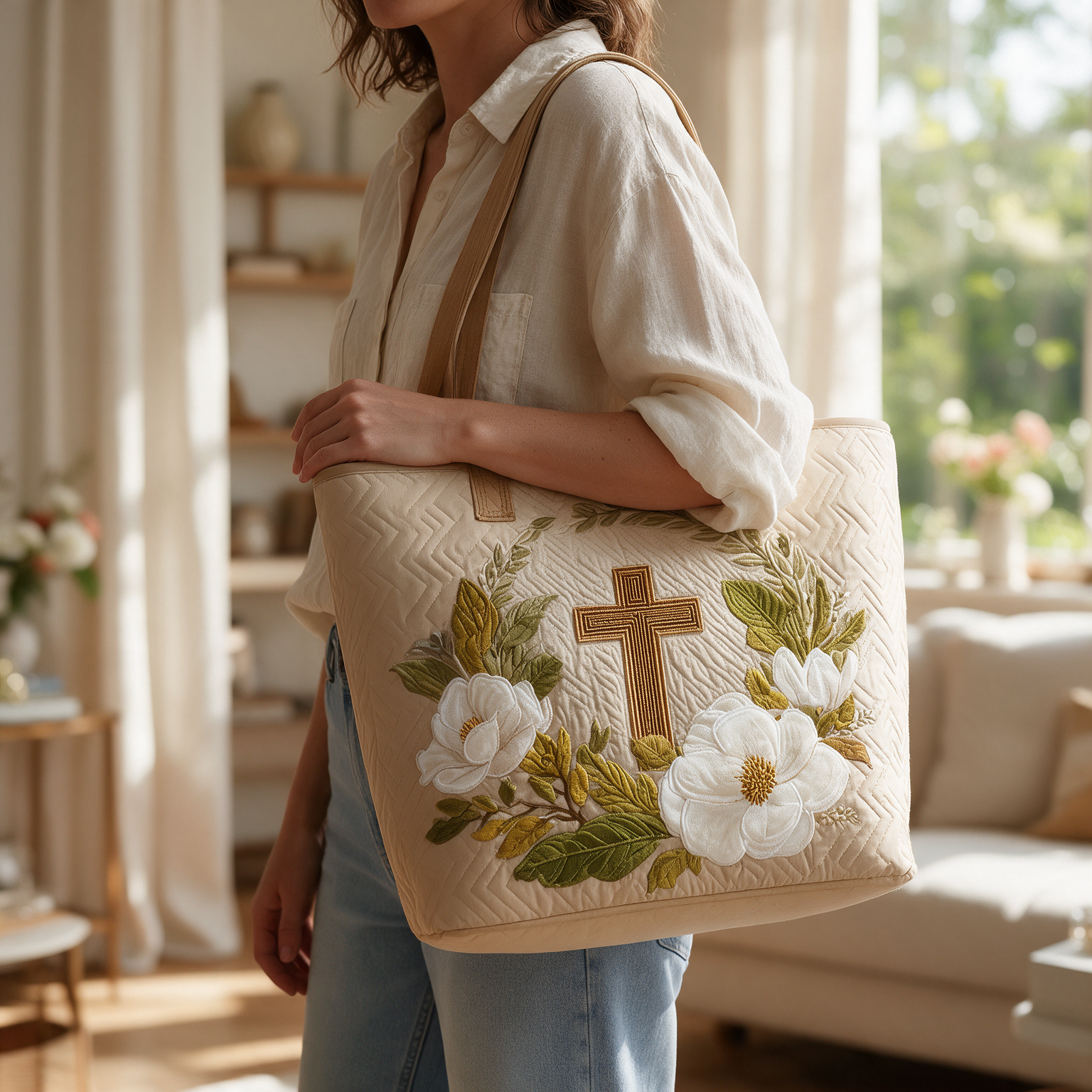 Noeline quilted tote bag worn on the shoulder