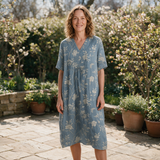 Frances spring dress front view on garden terrace