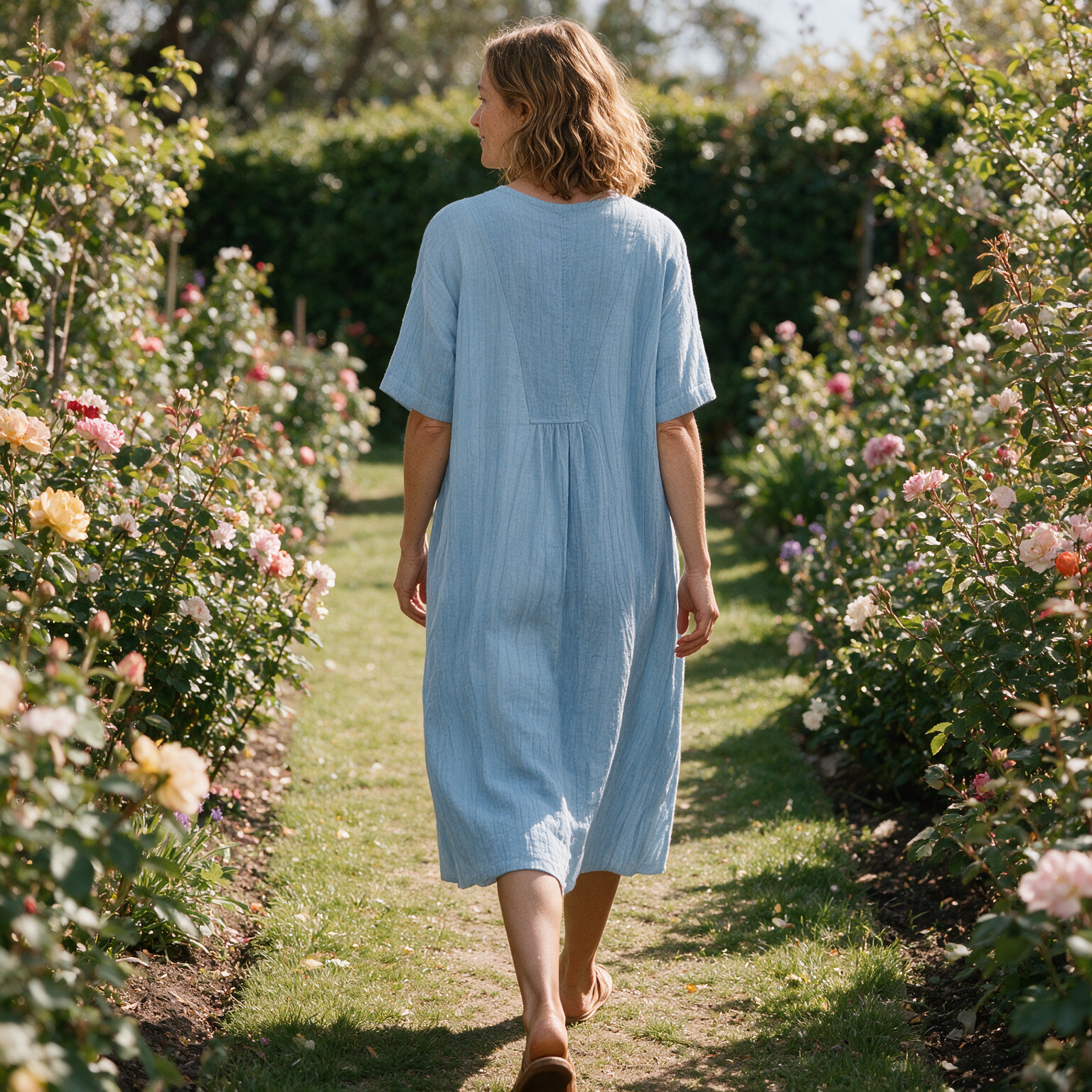 Leanne spring dress back view on a garden path